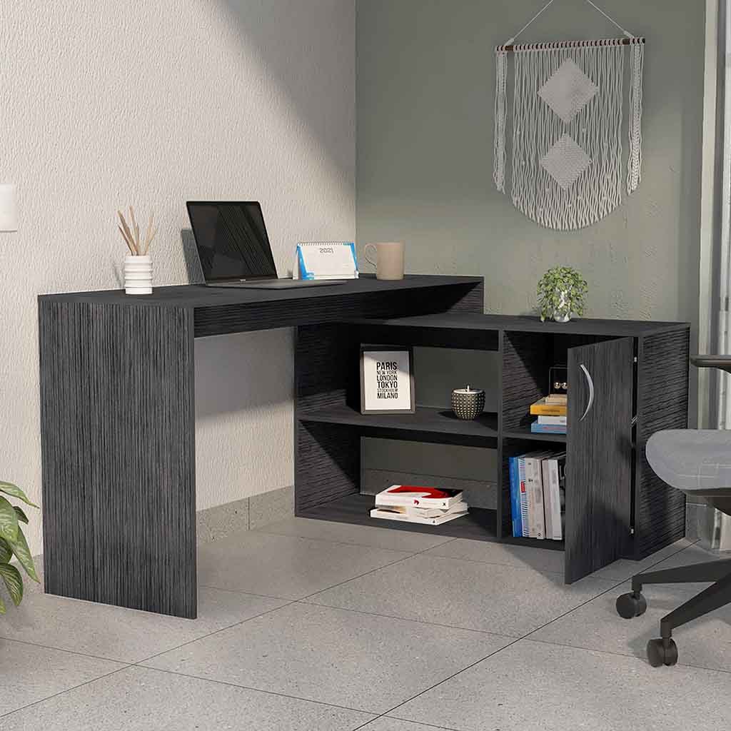 Dallas L-Shaped Home Office Desk, Two Shelves, Single Door Cabinet