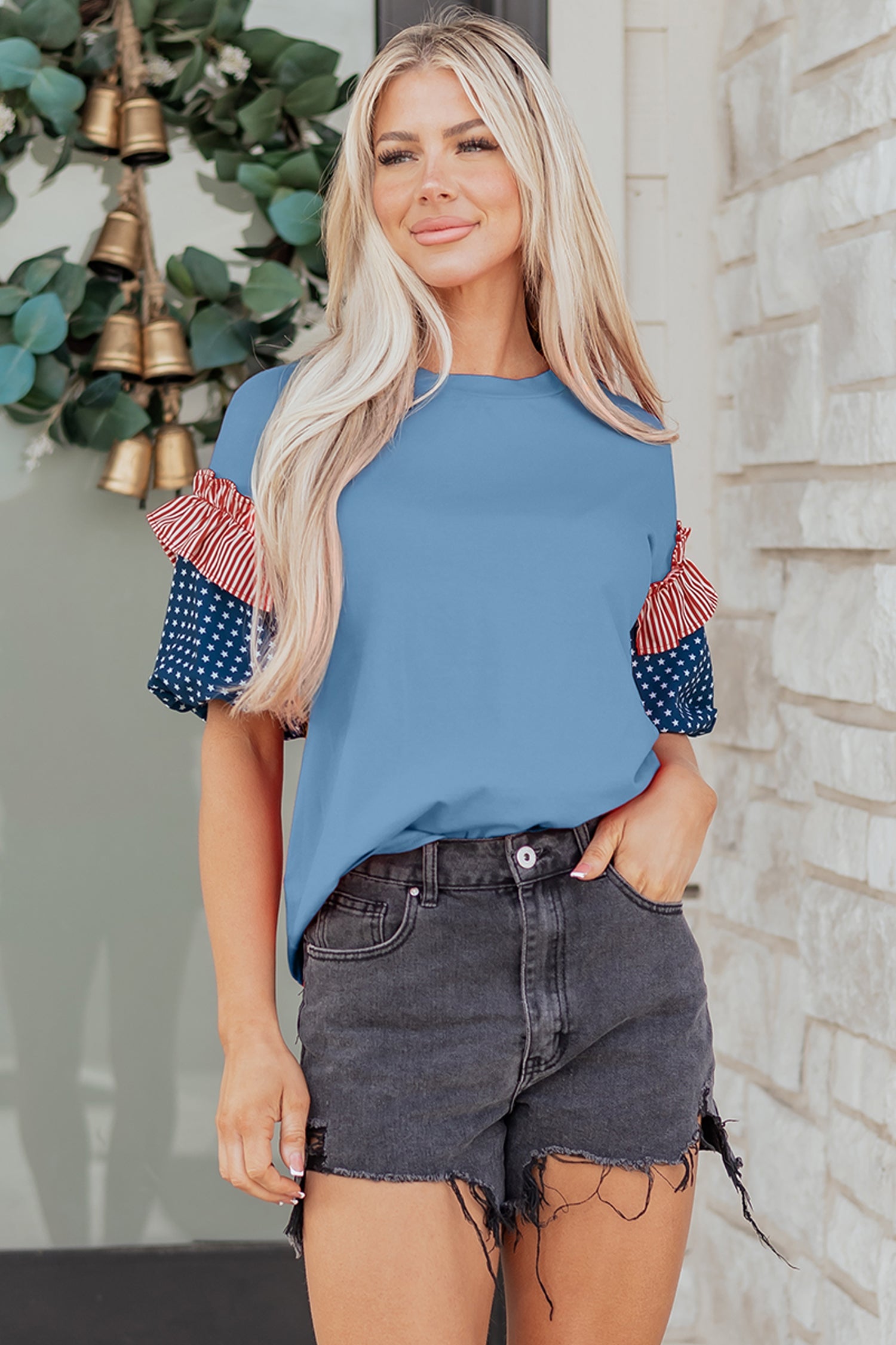 Stars & Stripe Patchwork Short Puff Sleeve Top