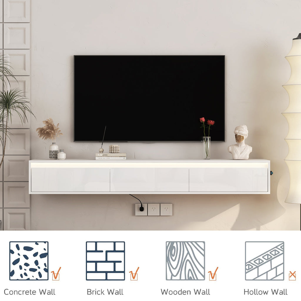 Floating TV Stand, Wall Mounted TV Shelf with Led Lights & Power Outlet,High Gloss TV Cabinet for tv Stands for Living Room