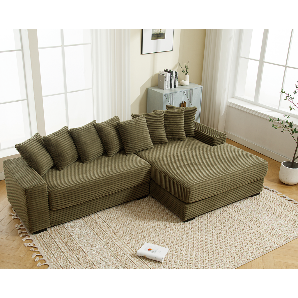 [NEW ARRIVED] [VIDEO PROVIDED] Oversized Two-Piece Couches, L Shaped Sofa, Corduroy, Right Chaise Daybed,with Armrests,Eight Throw Pillows,Corner Sofa,Easy To Assemble, Green