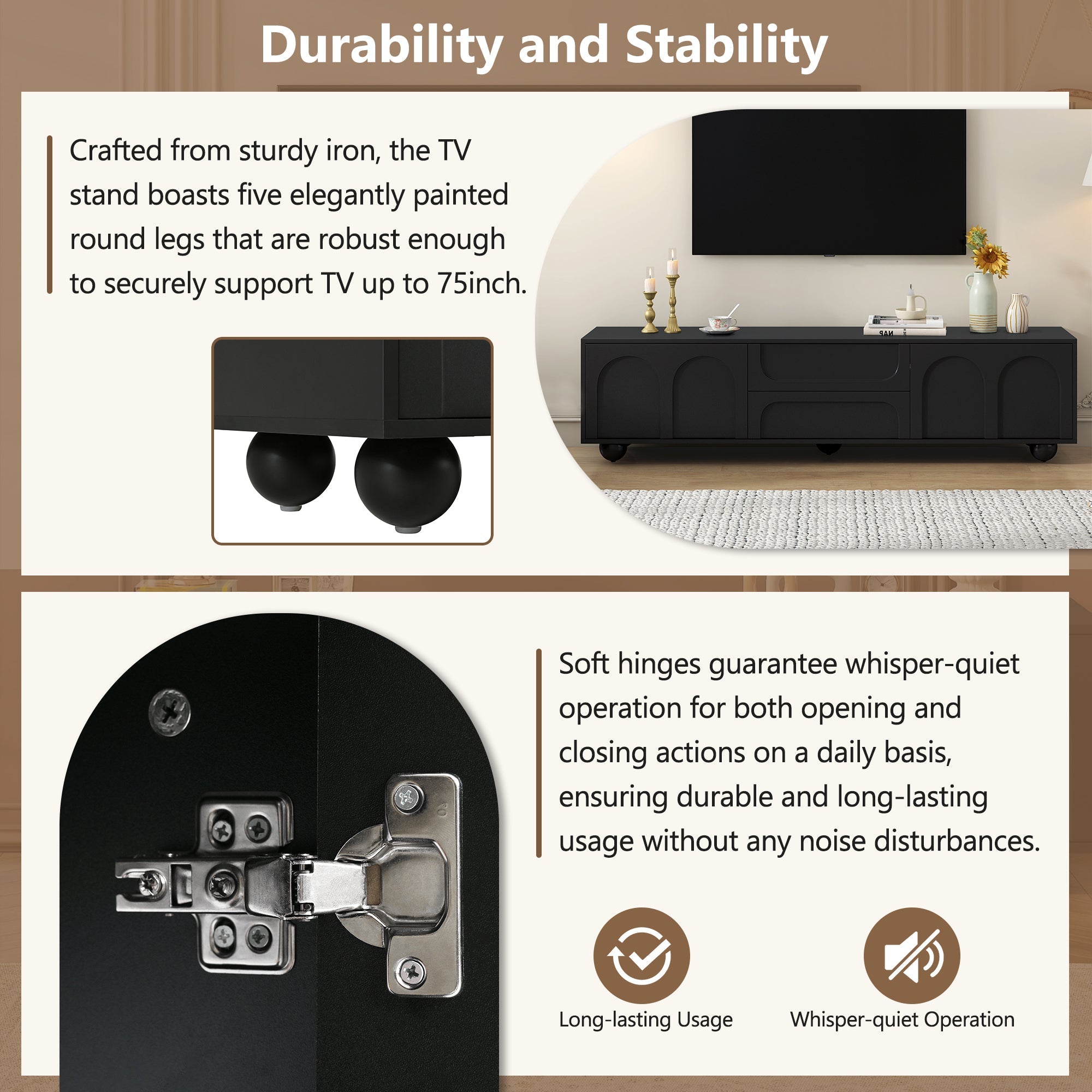 ON-TREND Cream Style TV Stand with Arched Doors & 2 Drawers for TVs up to 75', Minimalist Media Console with Rebound Device, Entertainment Center with 5 Iron Round Legs for Living Room, Bedroom, Black