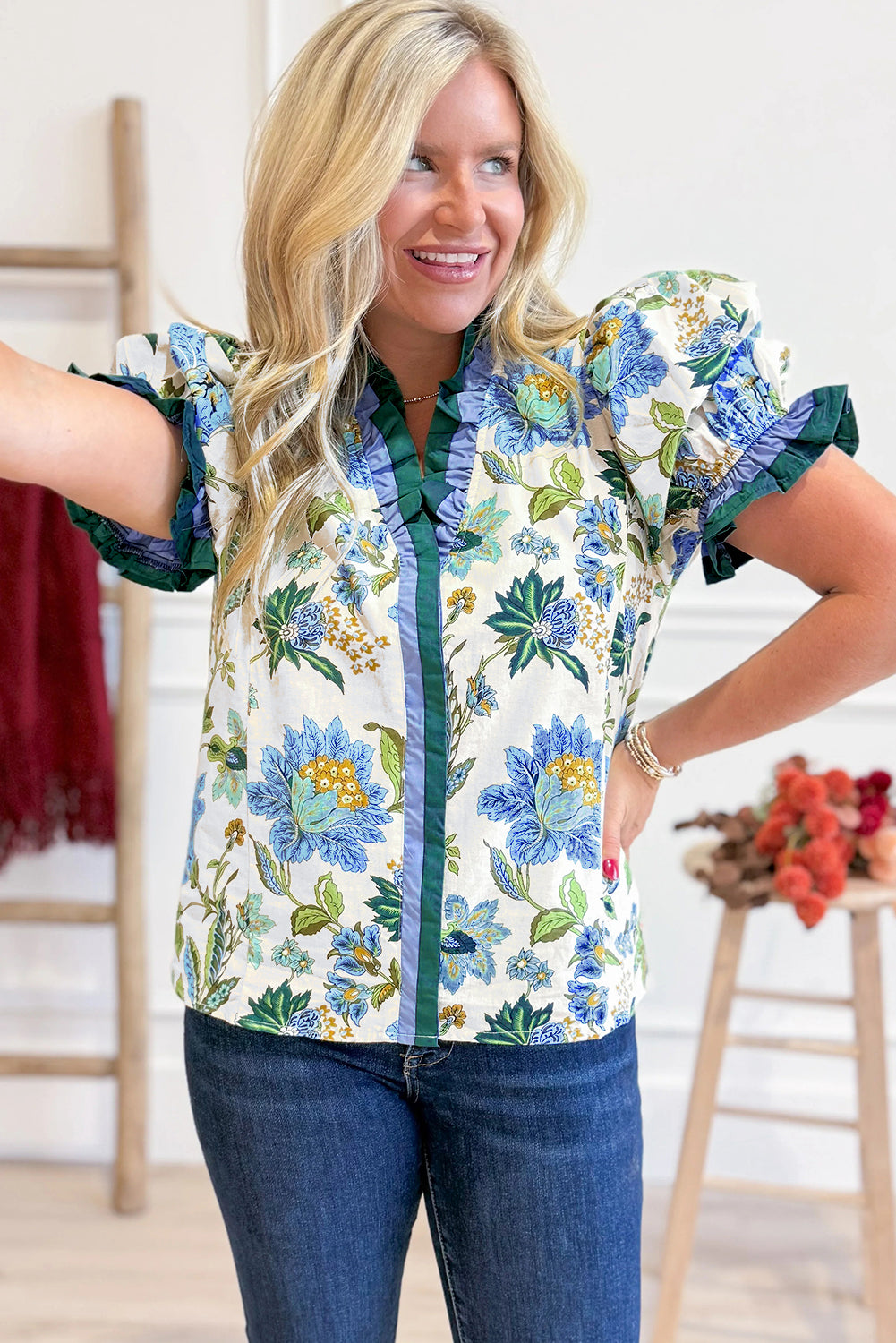 Floral Contrast Frill Stripe Trim Blouse
