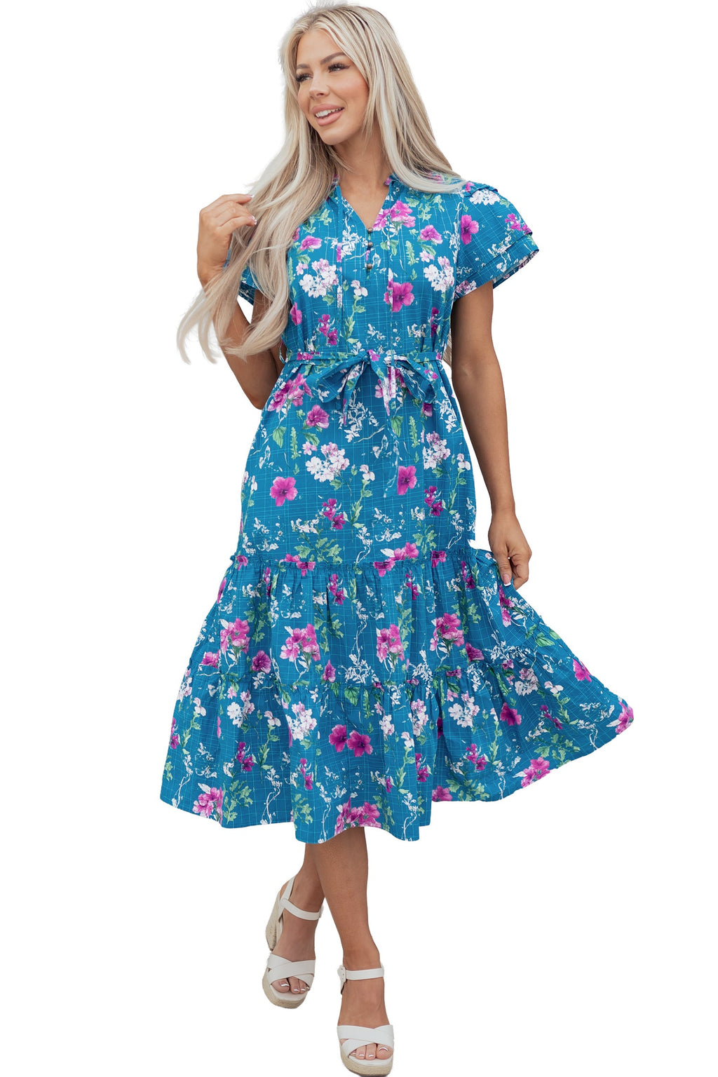 Floral Flutter Sleeve Tie Neck Belted Midi Dress