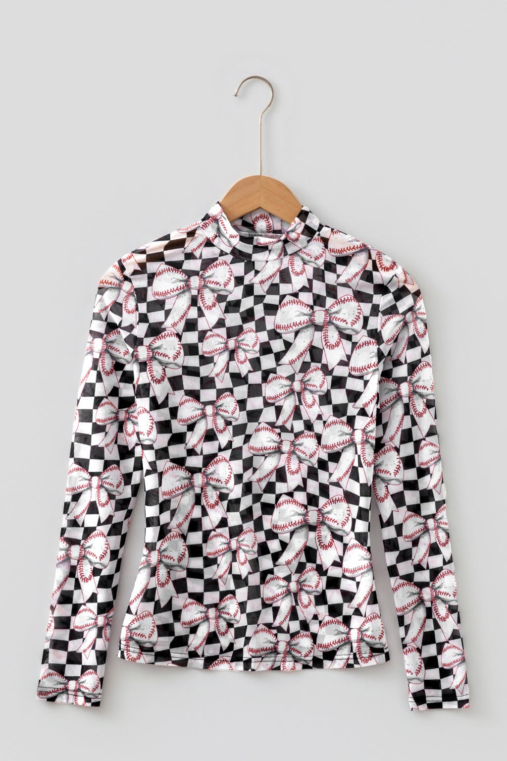 Checker Baseball Bow High Neck Long Sleeve Mesh Top