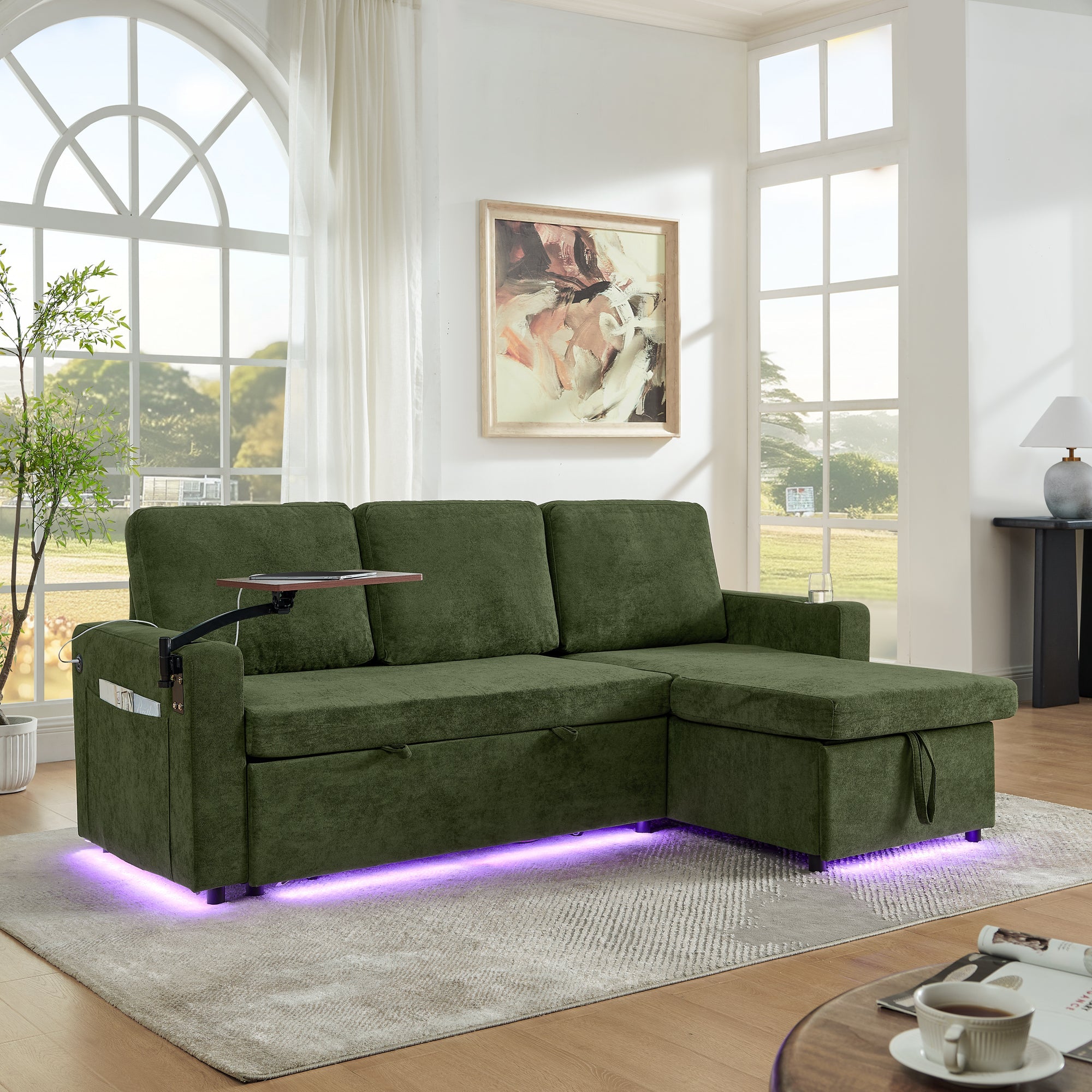 Modern Chenille Multi-functional Pull-Out Bed Sofa with Retractable Table and LED Lighting, USB Charging Ports and Cup Holders, Green