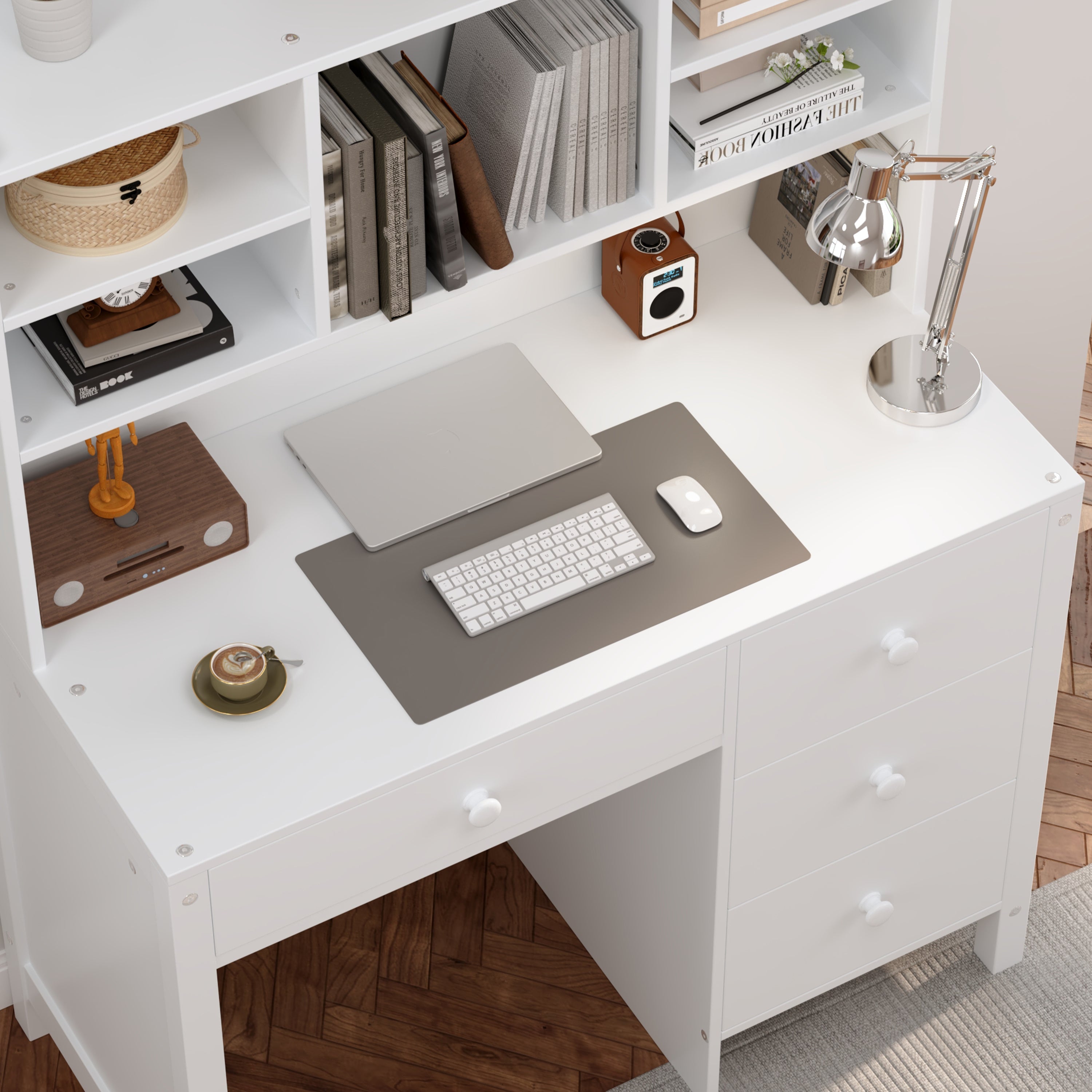 Vintage 40'' Home Executive Desk and Upholstered Chair Set with Bookshelf, Computer Desk with Four Drawers, Storage Shelf, and Chair, Ideal for Office or Study in Bedroom or Living Room,White
