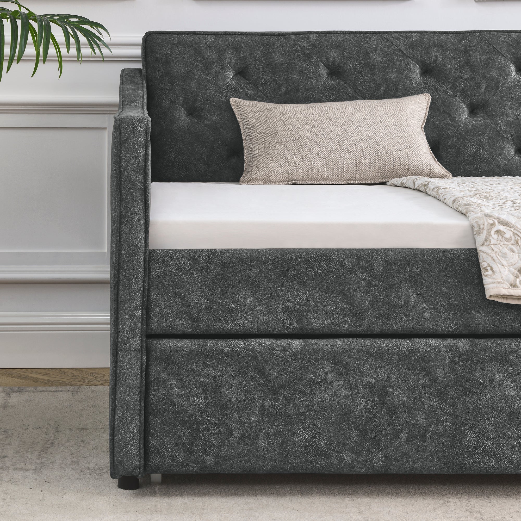 Twin Size Daybed with Twin Size Trundle Upholstered Tufted Sofa Bed,  Waved Shape Arms, Grey (80.5'x44.5'x33.5')