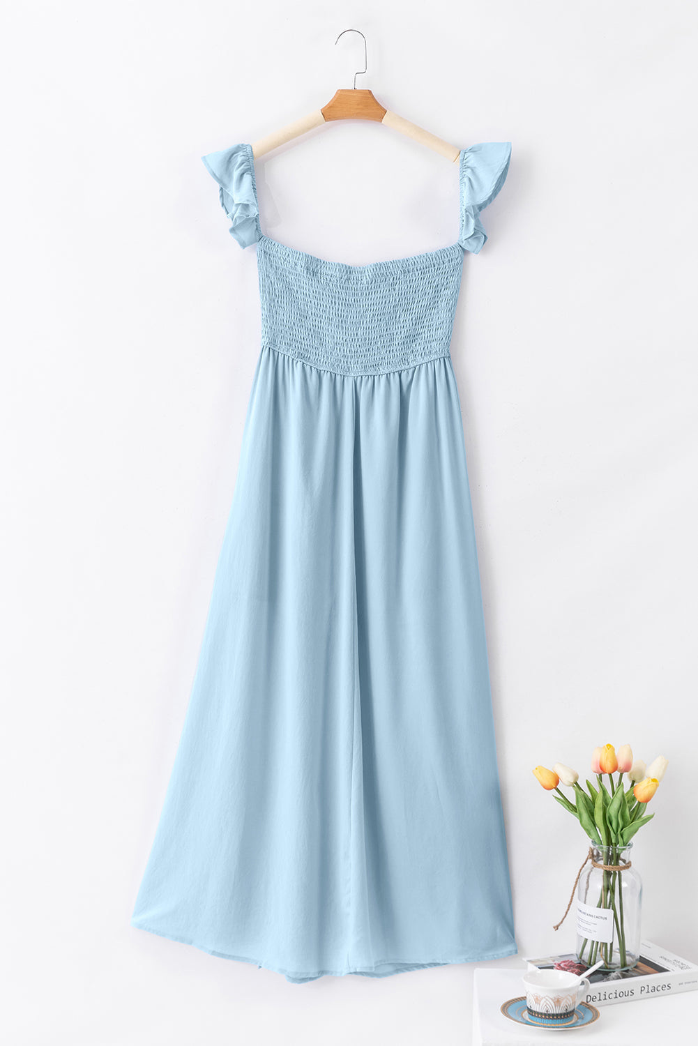 Off Shoulder Ruched Bust Sheer Slit Maxi Dress