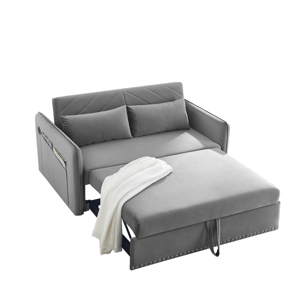 MH' Sleeper Sofa Bed w/USB Port, 3-in-1 adjustable sleeper with pull-out bed, 2 lumbar pillows and side pocket, soft velvet convertible sleeper sofa bed, suitable for living room bedroom