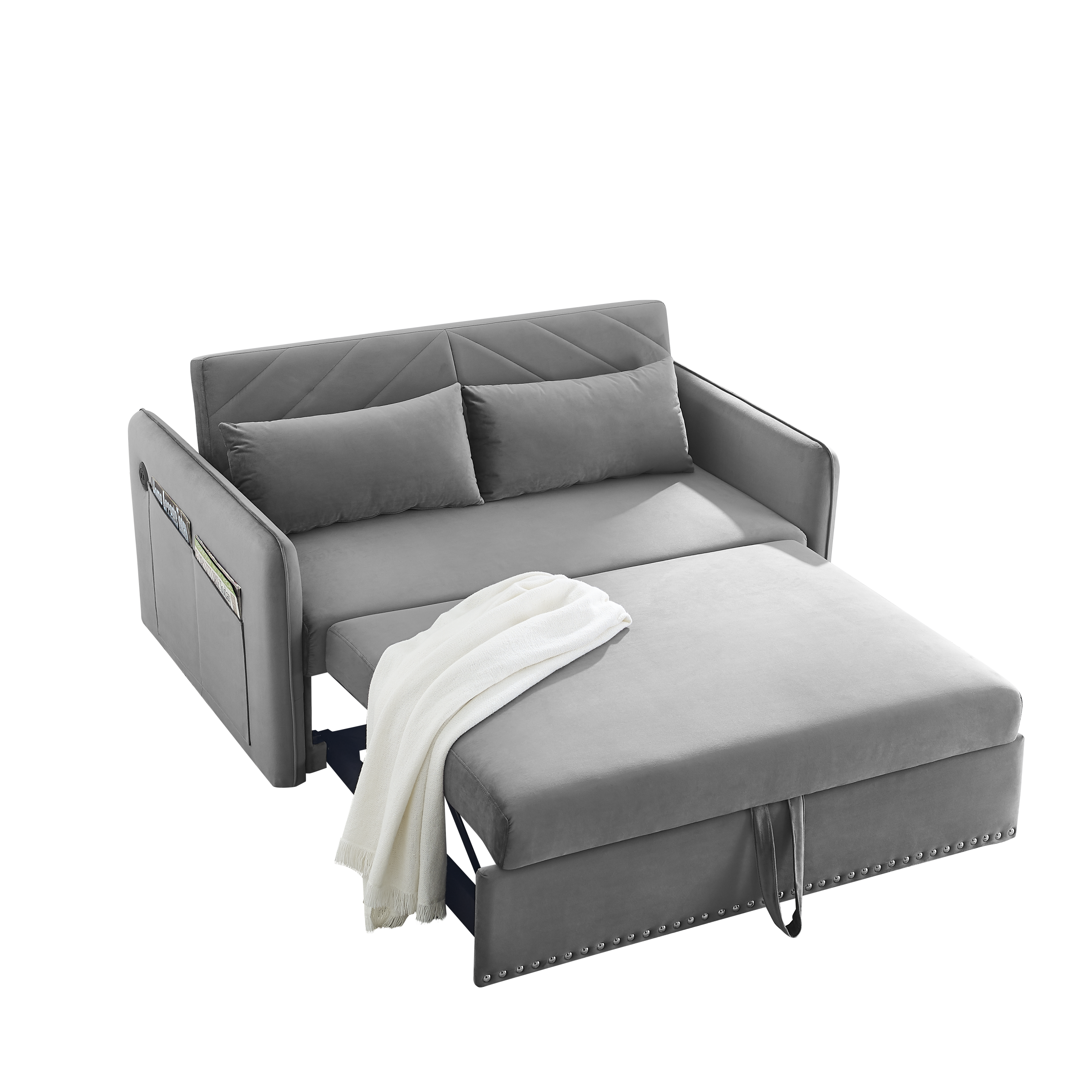MH' Sleeper Sofa Bed w/USB Port, 3-in-1 adjustable sleeper with pull-out bed, 2 lumbar pillows and side pocket, soft velvet convertible sleeper sofa bed, suitable for living room bedroom