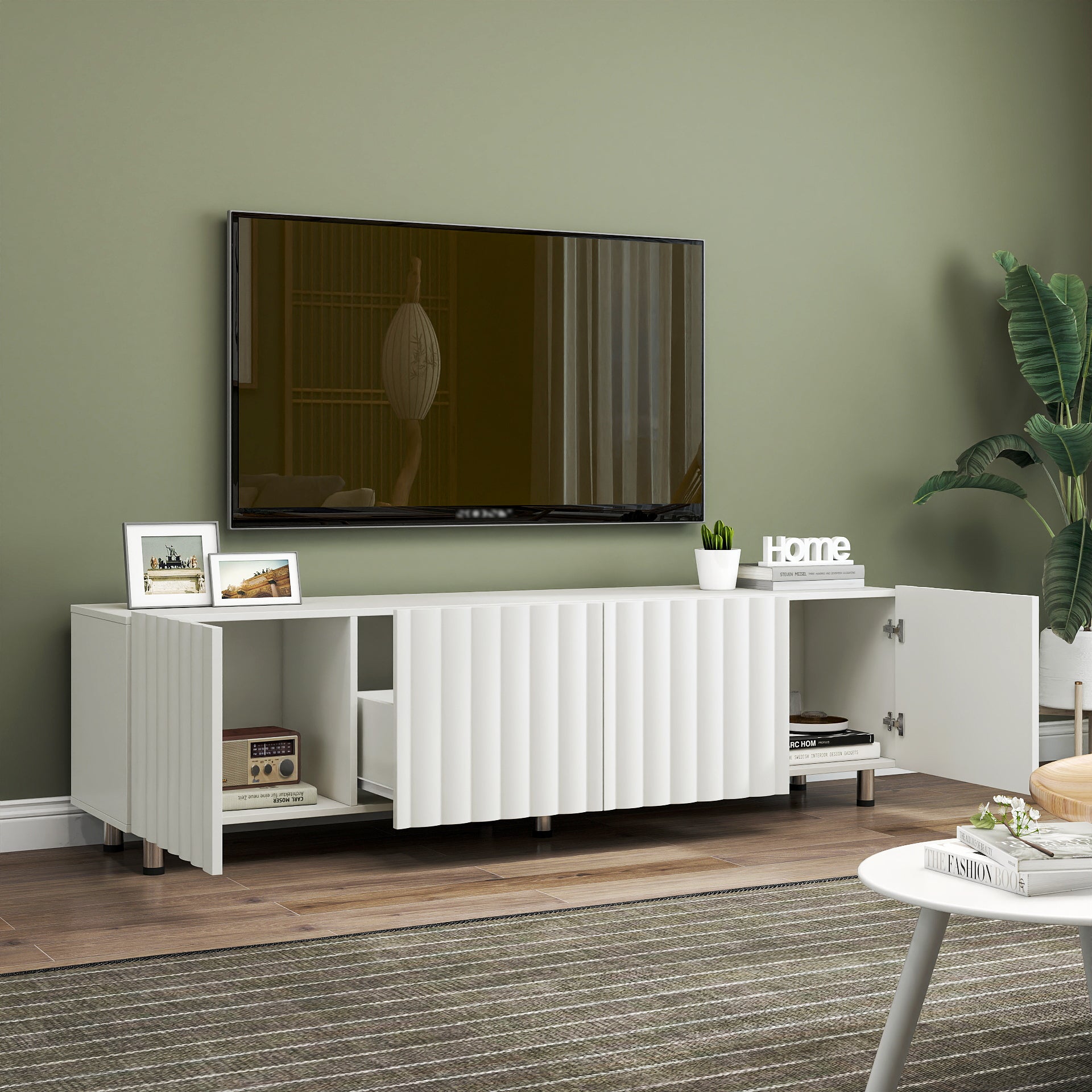 TV Stand for 65+ Inch TV, Modern TV Stand for Living Room, Entertainment Center with Storage & 2 Drawers, TV Media Console Cabinet for Bedroom, White