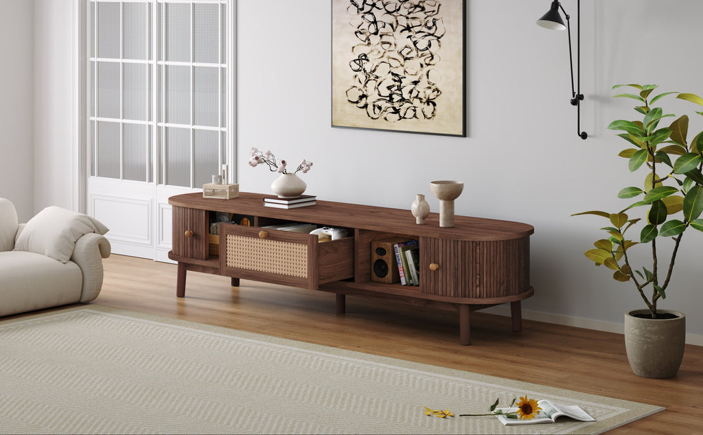 Modern Design TV Stand for 75' TVs, Media Console TV Cabinet with Rattan-Front Drawer for Living Room, 1 Drawer and 2 Sliding-Door Cabinets
