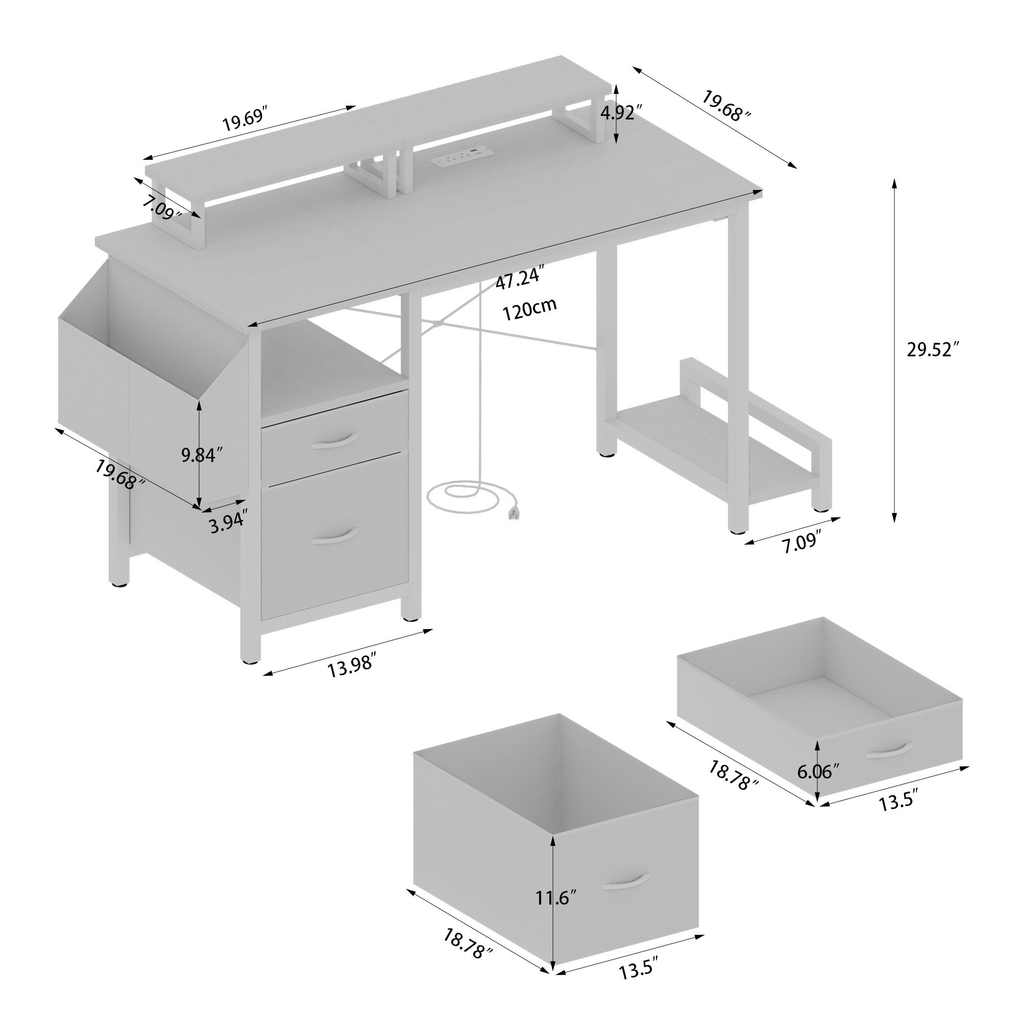47.3'office desk with power outlet,2 Monitor Stands,2 drawers,Side Pocket,Easy to Assemble,Frame stability Reversible,use for home desk, computer desk, game table,White