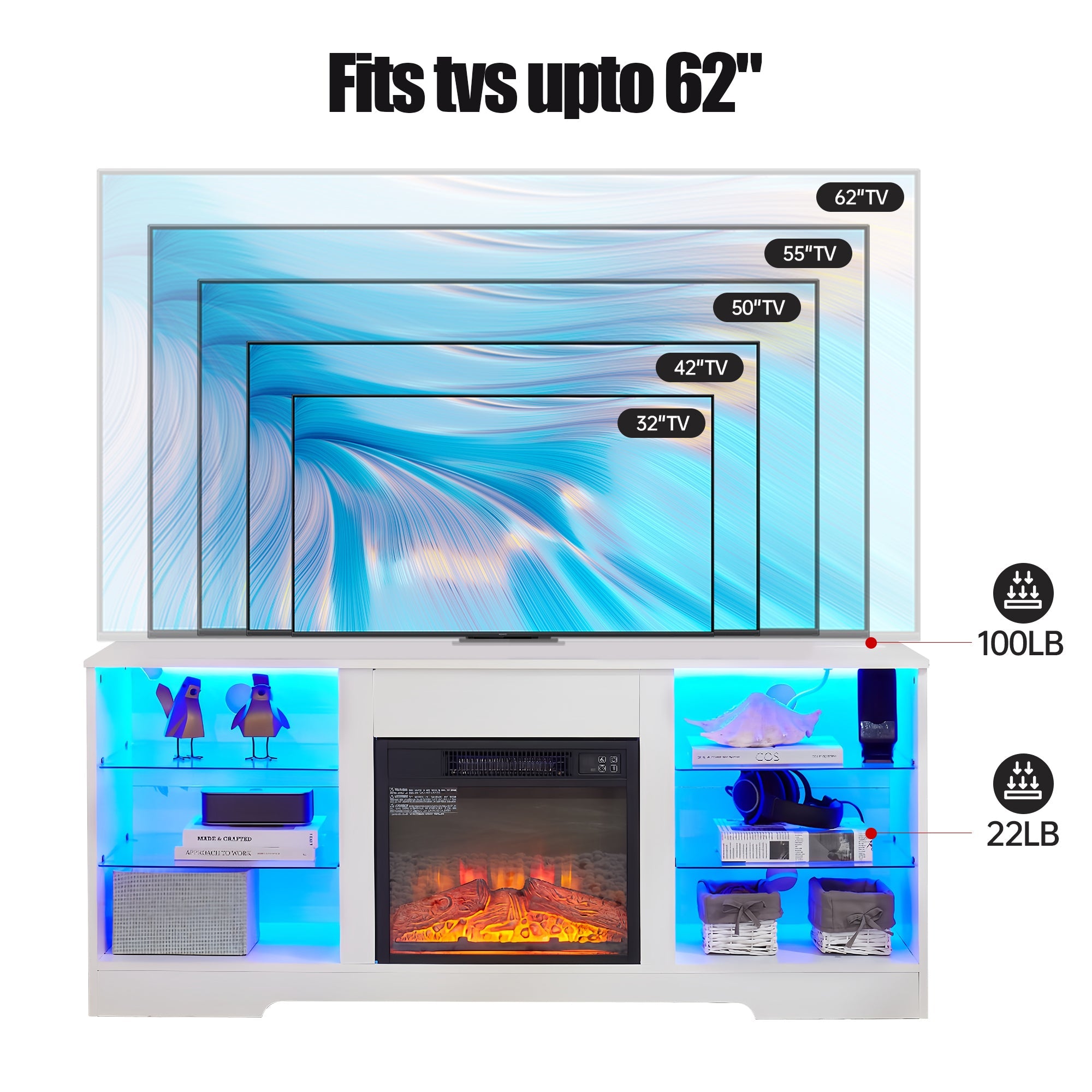 TV Stand Electric Fireplace TV Stand with Glass Shelves, 3D Fireplace TV Stand with LED Lights Wood with USB Charging Outlet Modern Television Table Center for TV up to 32-62' White 58''W*15.4''D*24.4