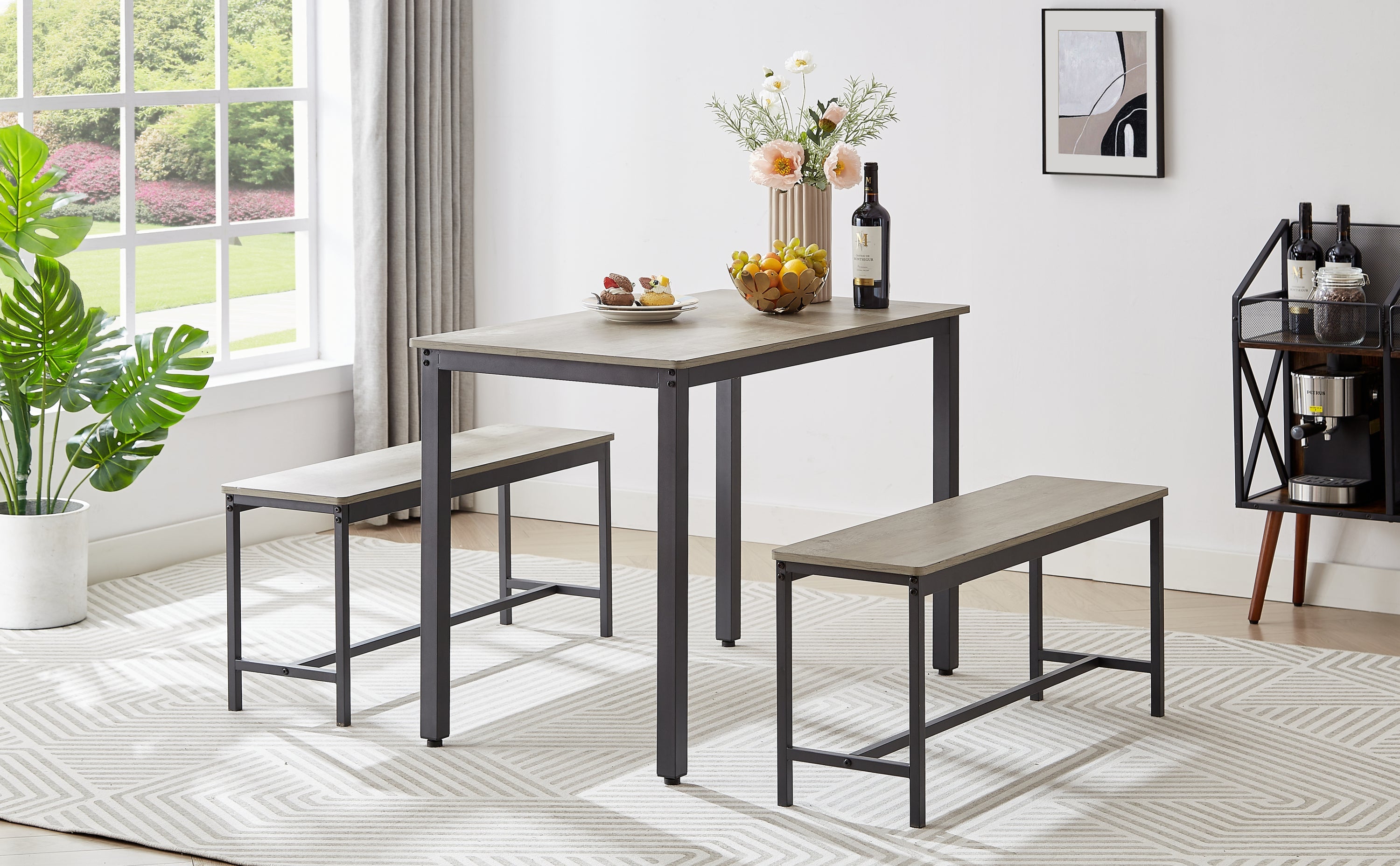 Dining Table Set, Bar Table with 2 Dining Benches, Kitchen Table Counter with Chairs, Industrial for Kitchen Breakfast Table, Living Room, Party Room, Grey and Black,43.3″L x 23.6″W x 29.9″H