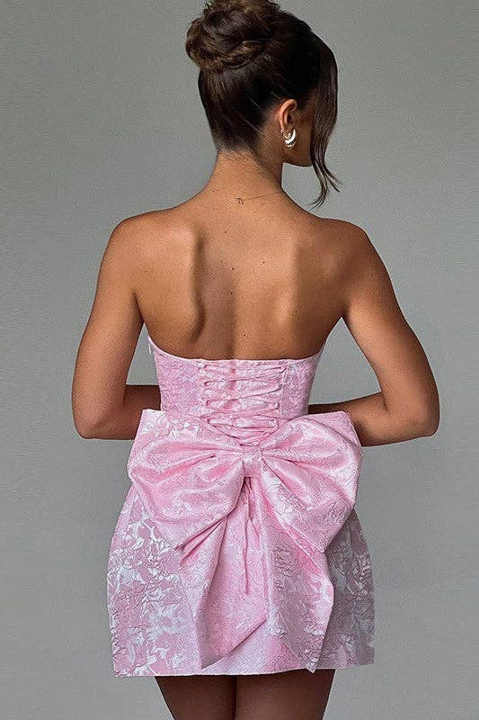 Sexy Jacquard Pastel Pink Strapless Bow Dress
