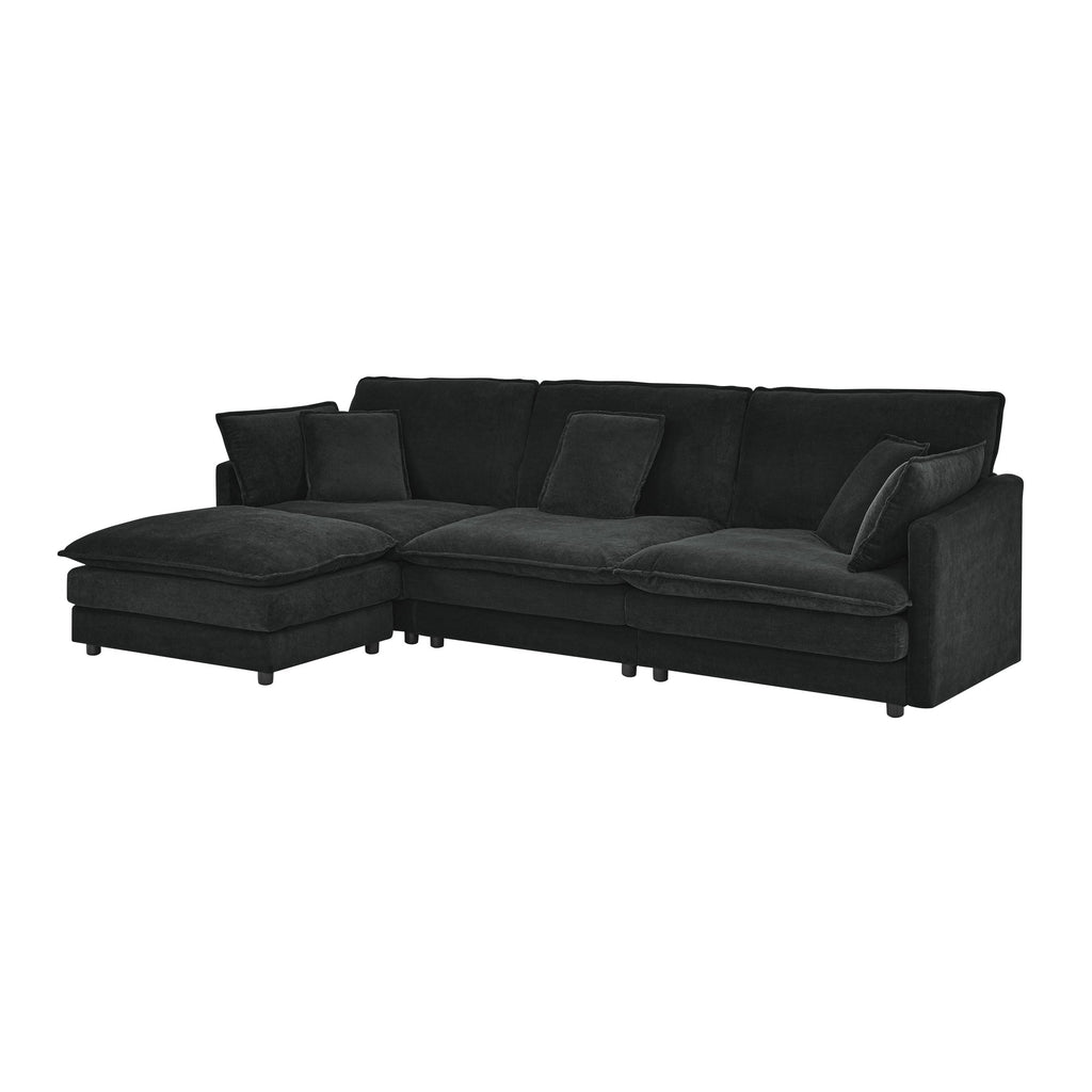 Modern Home Living Room L-Shaped Sectional Sofa Couches with Ottoman, Convertible Oversized 4 Seater Couch Towel Fabric, Black