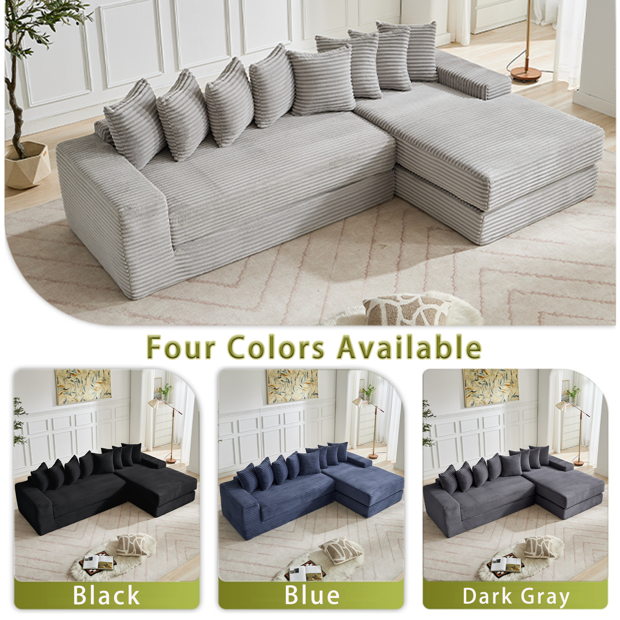 [NEW ARRIVED] [VIDEO PROVIDED] Oversize Cloud Couch, L-Shape Sofa, Convertible Floor Sleeper Sofa Bed, No Assembly ,Eight pillows,3-in-1,Magazine bag,(Right Facing Sofa),3 Seat,Corduroy,Light Gray