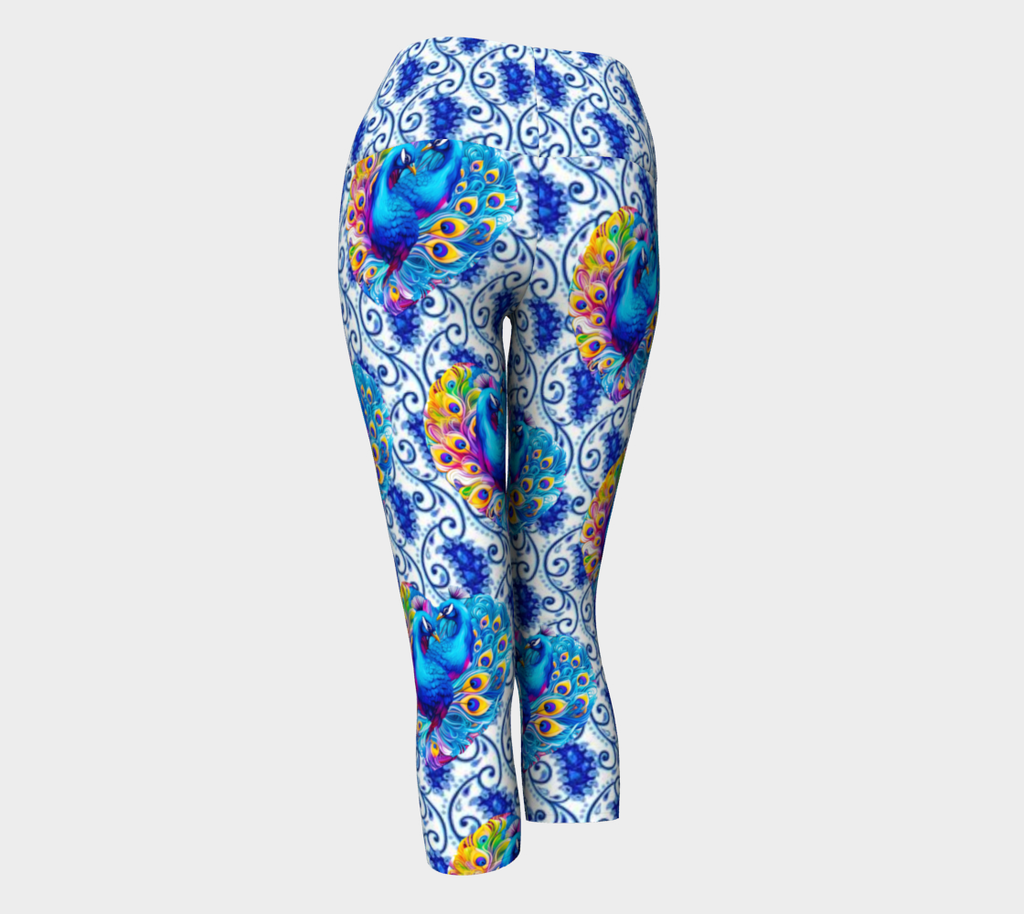 Beautiful Blue Peacocks Yoga Capri Leggings