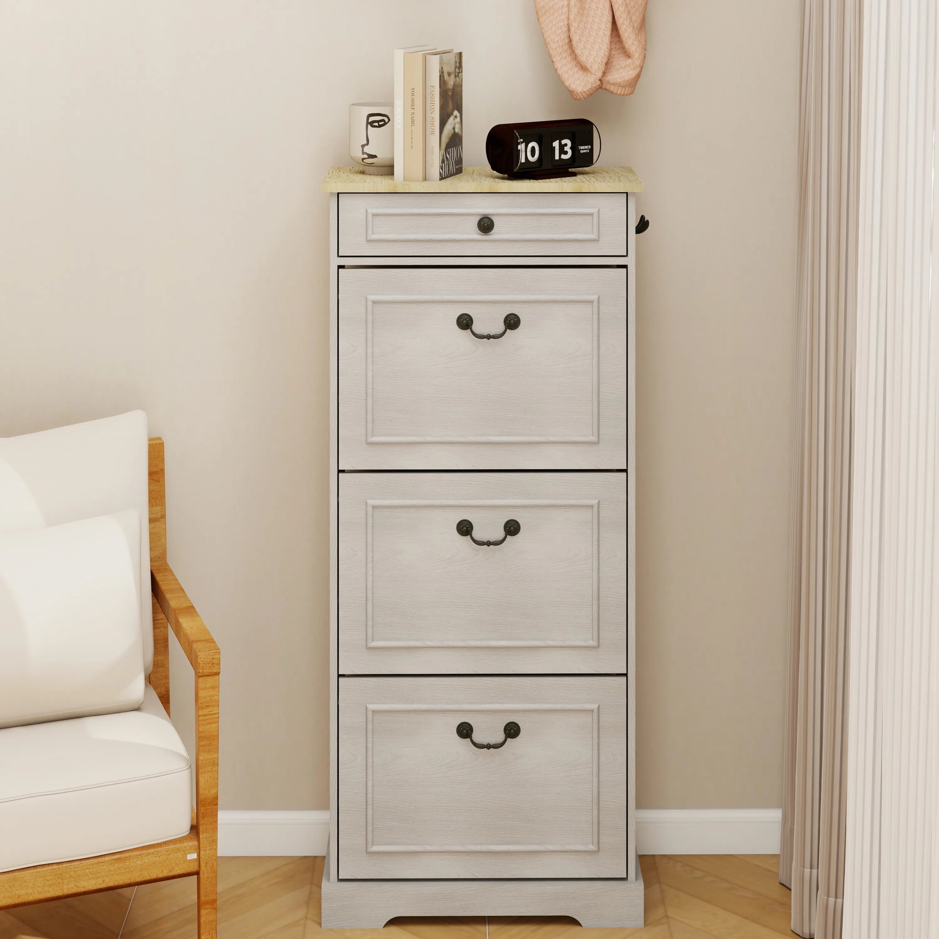 Shoe Storage Cabinet with 1 Drawer, 3 Flip Drawers, Freestanding Shoe Cabinet Organizer with Adjustable Shelf, Shoe Cabinet for Entryway, Foyer, Slim Shoe Cabinet-Antique White