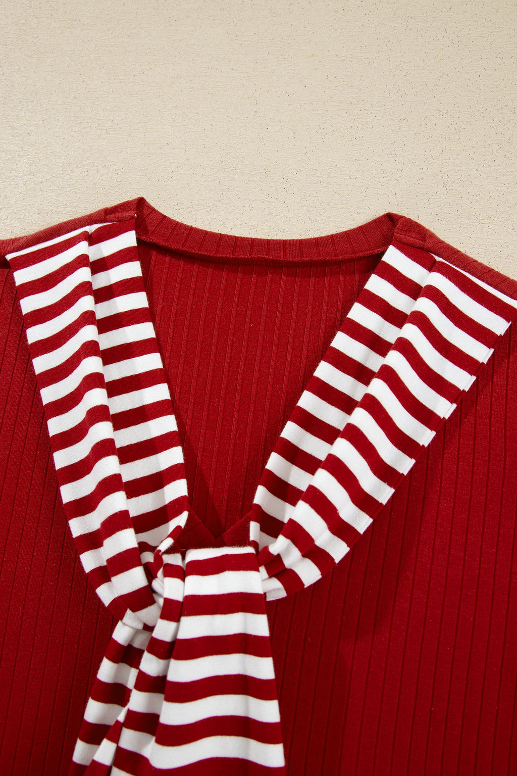 Stripe Contrast Tie Neck Cuffed Long Sleeve Top