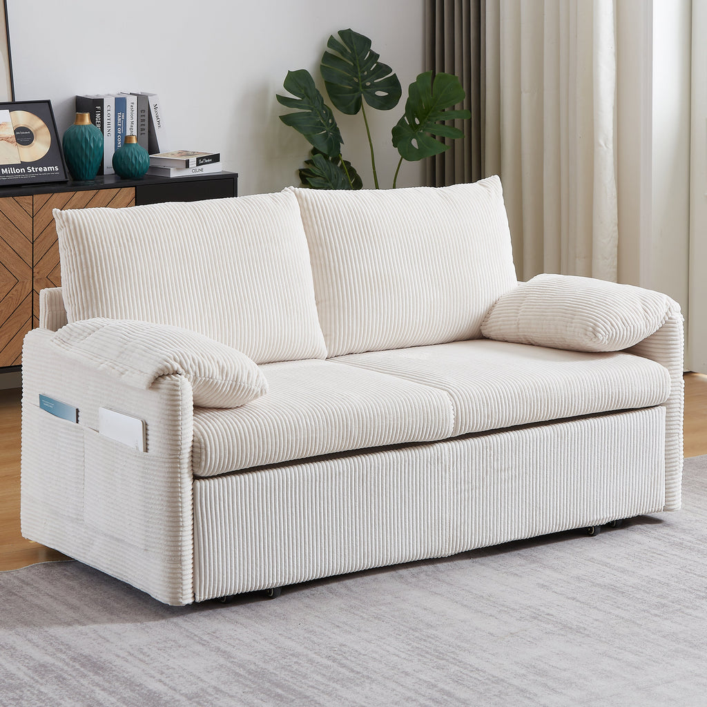 MH'' 64.5 Inch Sleeper Sofa Bed  3-in-1 Adjustable Sleeper with Pullout Bed   2 Pillows and Side Pockets  Soft Corduroy Convertible Sleeper Sofa Bed for Living Room Bedroom Apartment Office