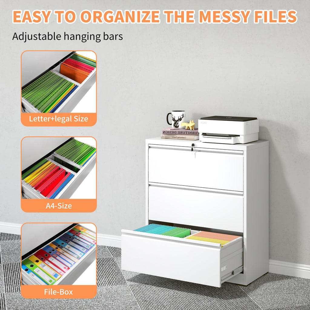Modern White 3-Drawer Lateral File Cabinet with Lock for Home Office, Metal Filing Cabinet for Legal/Letter/A4/F4 Files