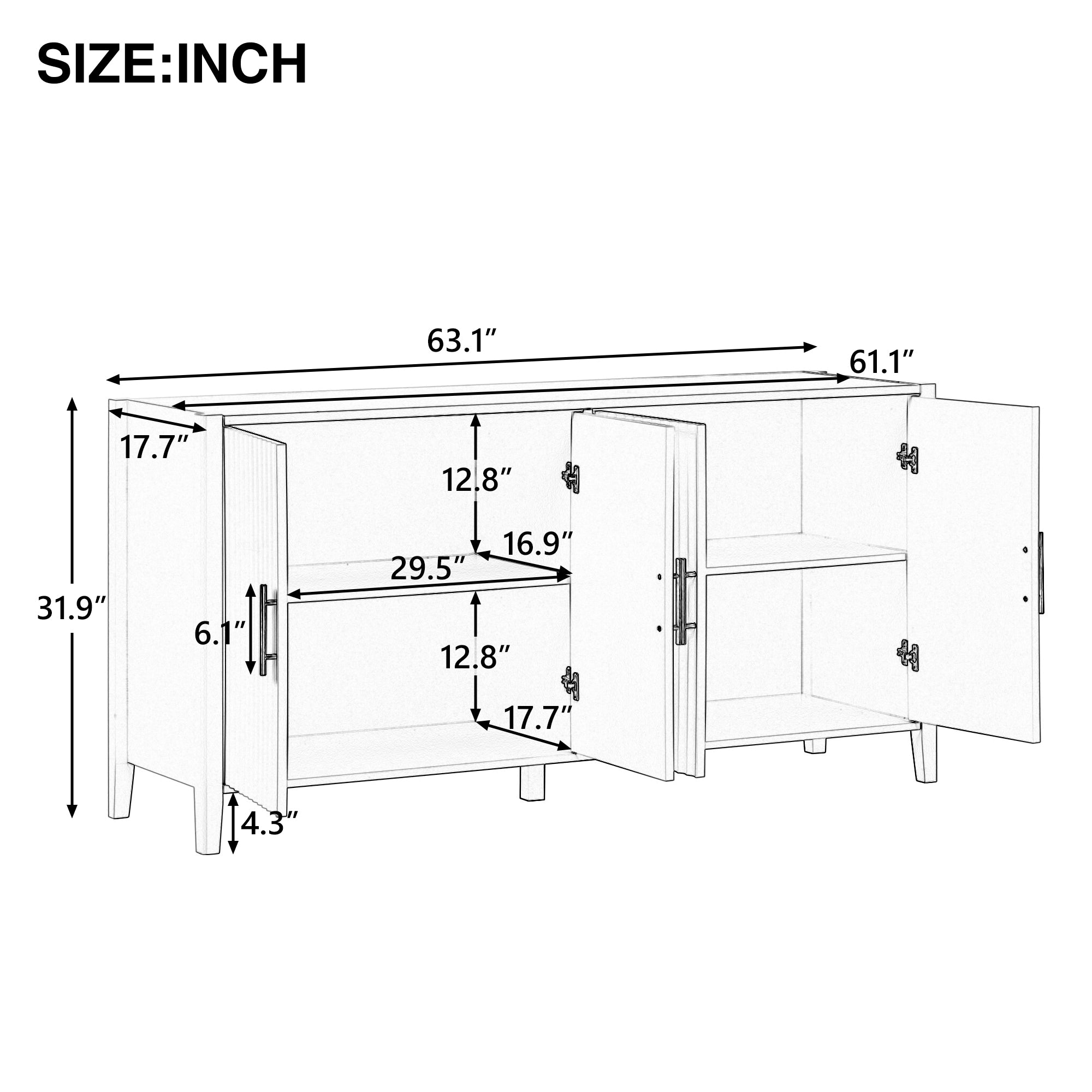 U_Style 63.1''Modern 4-Vertical Wavy Slatted Doors Sideboard,Storage Cabinet With Elegant Design, Solid Wood Legs with Painted,Metal Handles,for Dining Room,Living Room, Kitchen, or Entryway(White)
