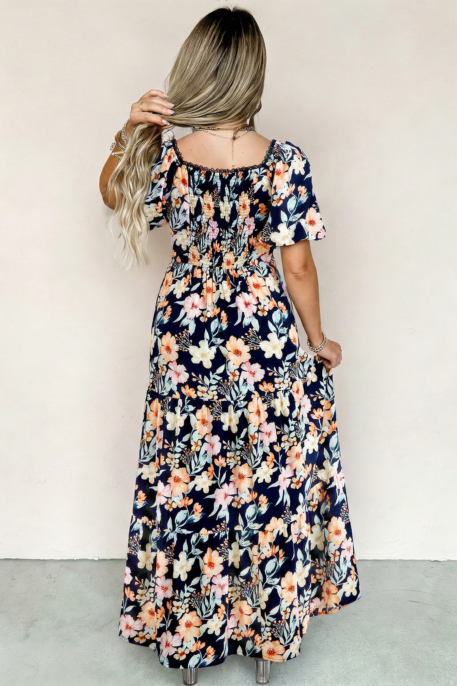 Floral Short Sleeve Smocked High Waist Maxi Dress