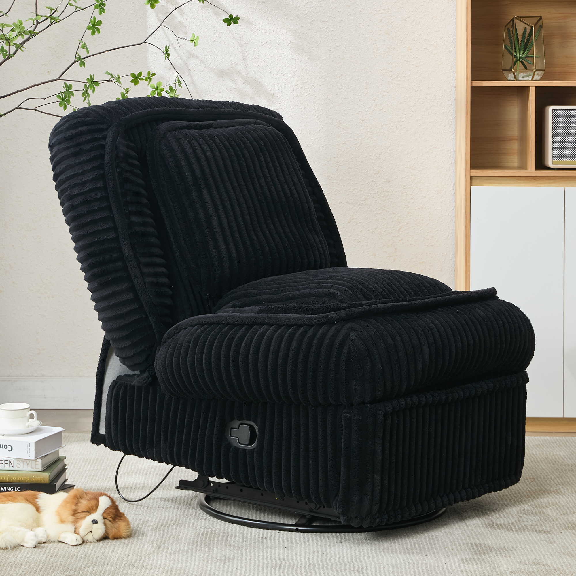 [NEW ARRIVED] 360° Swivel Rocking Single Sofa,Recliner Sofa, Manual Glider Rocking Armless Chair,Living Room Office, With Adjustable Backrest and Footrest and pillows, Small Spaces,Corduroy , Black