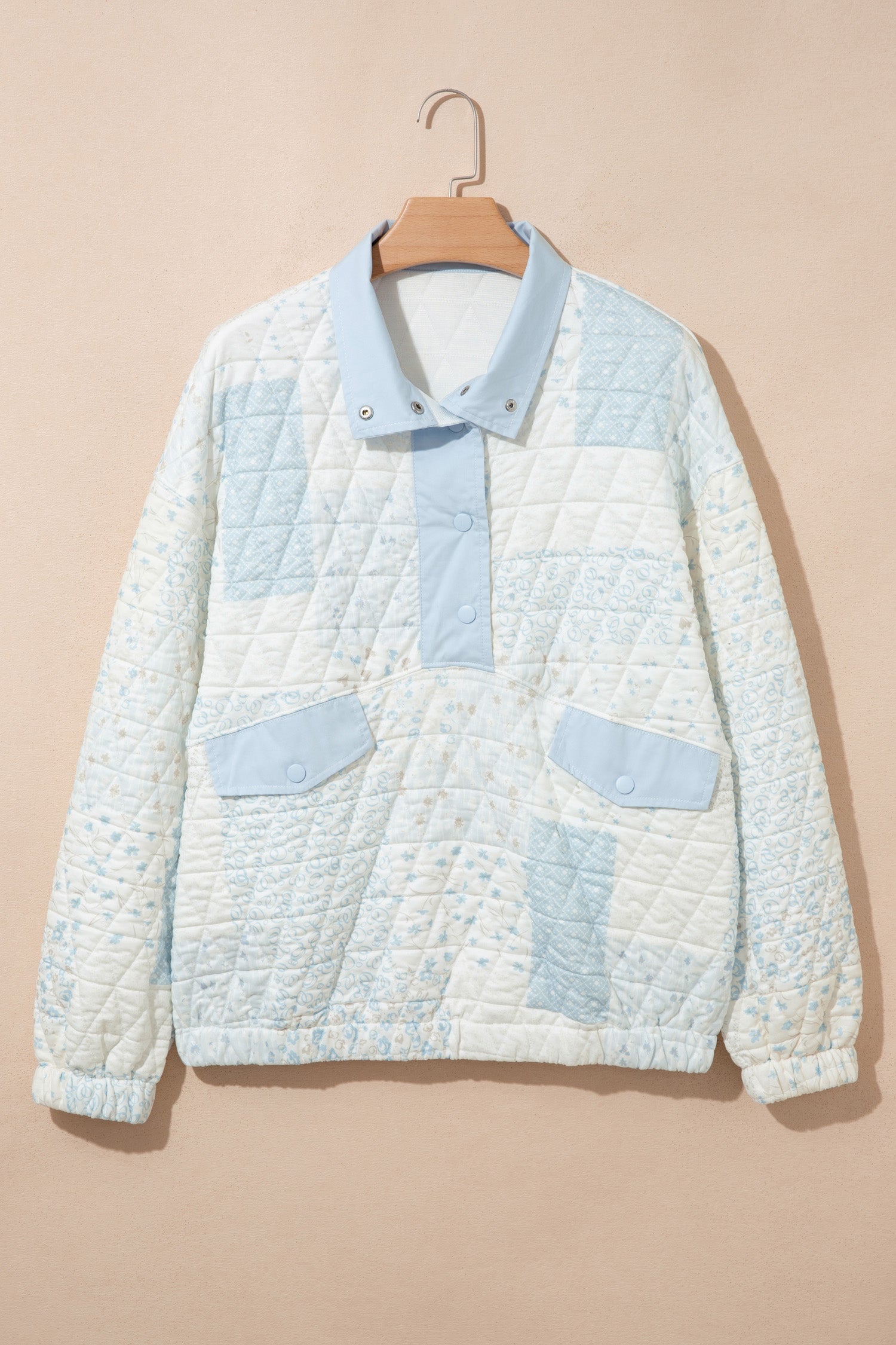 Floral Quilted Half Button Pocket Pullover Sweatshirt