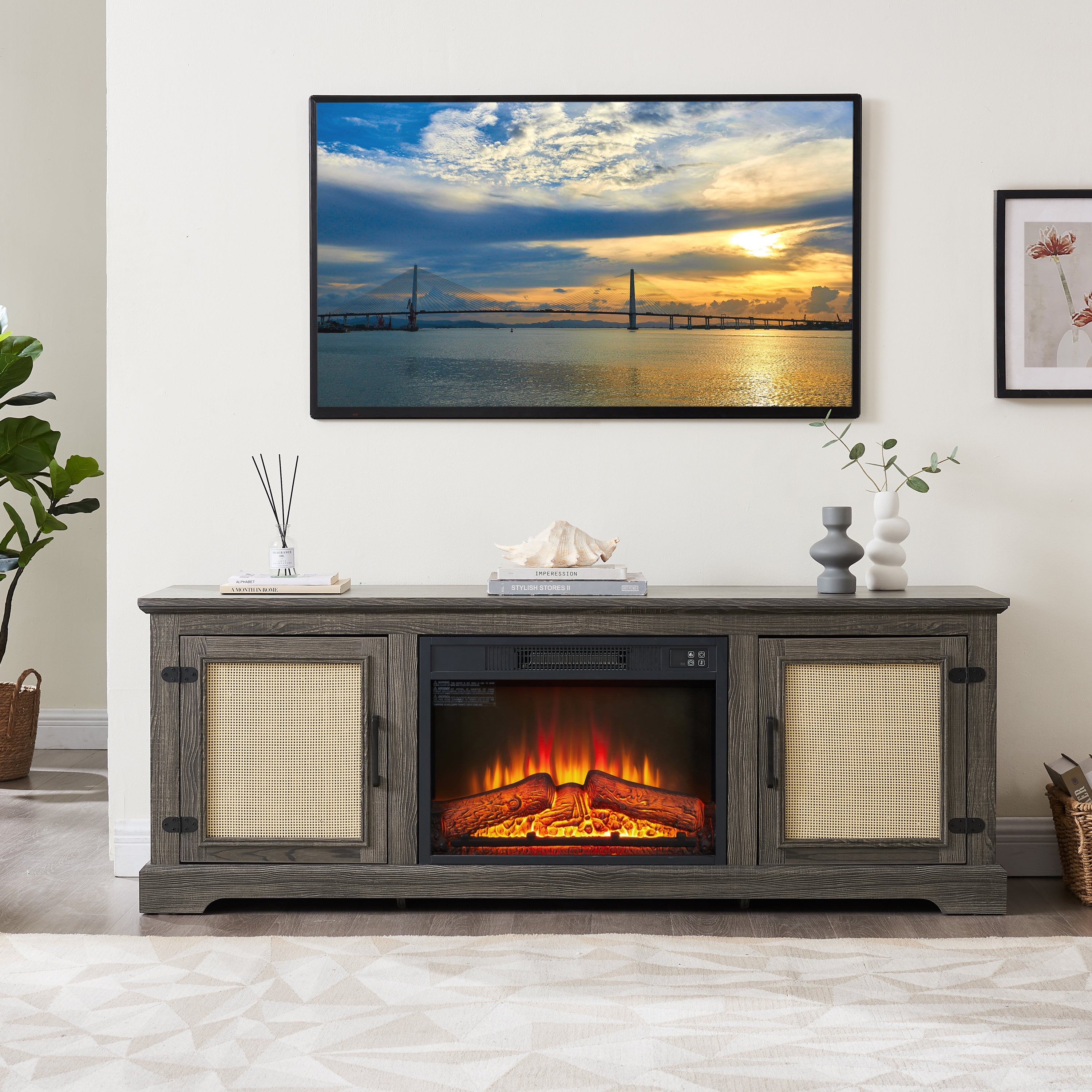 Natural Rattan Door Cabinet with Adjustable Shelf Wood, Farmhouse Rattan TV Stand Console Table for TVs up to 70 Inches, Storage tv stand with 23' fireplace insert, 65'W*15.55'D*23.86'H,GREY