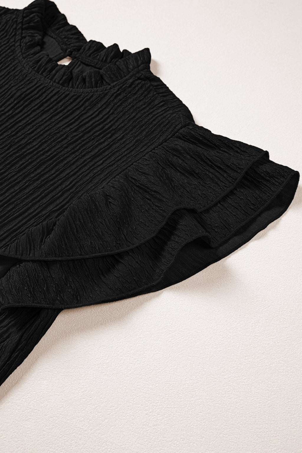 Solid Textured Ruffle Trim Short Sleeve Blouse