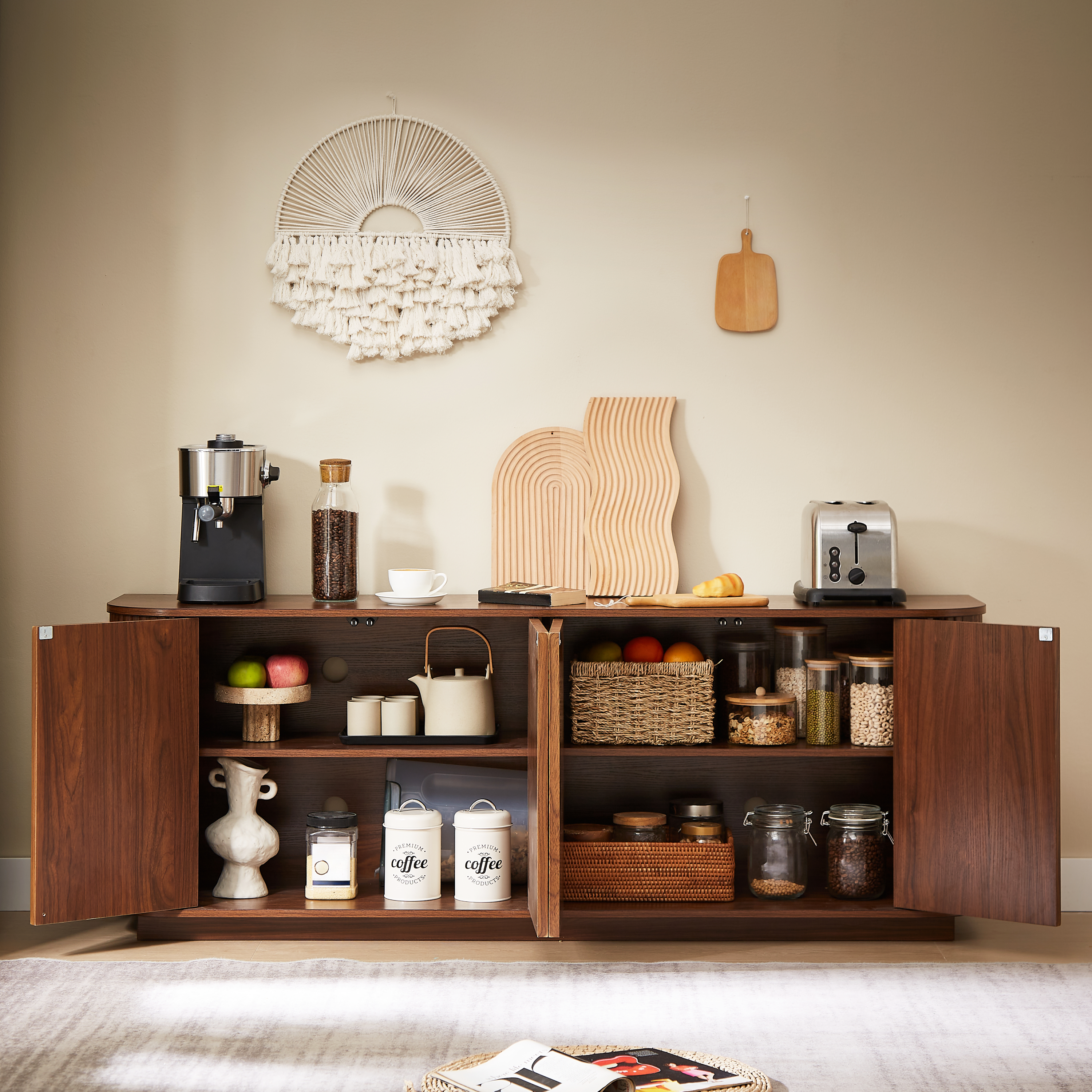 Sideboard Storage Cabinet TV Stand with wave pattern Buffet Cabinet Wooden Vertical Striped Cabinet for Kitchen/Bedroom/Entryway. Walnut, 64''W x 15''D x 24''H.