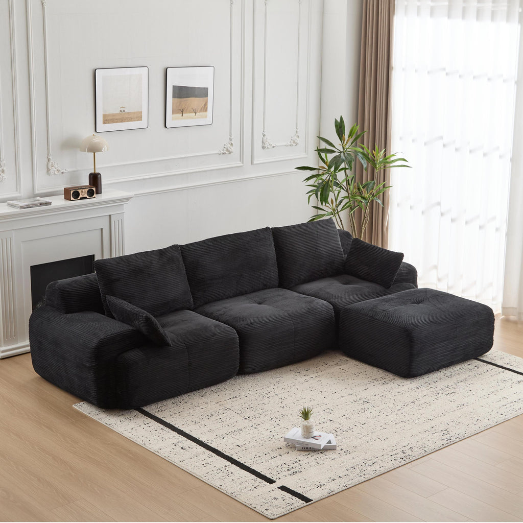 Modern Memory Foam Compressed Sofa,Large Sectional Couches for Living Room,Pet-Friendly Cloud Modular Sectional Sofa,Corduroy Fabric,Extra Deep Loveseat,No assembly required, Black