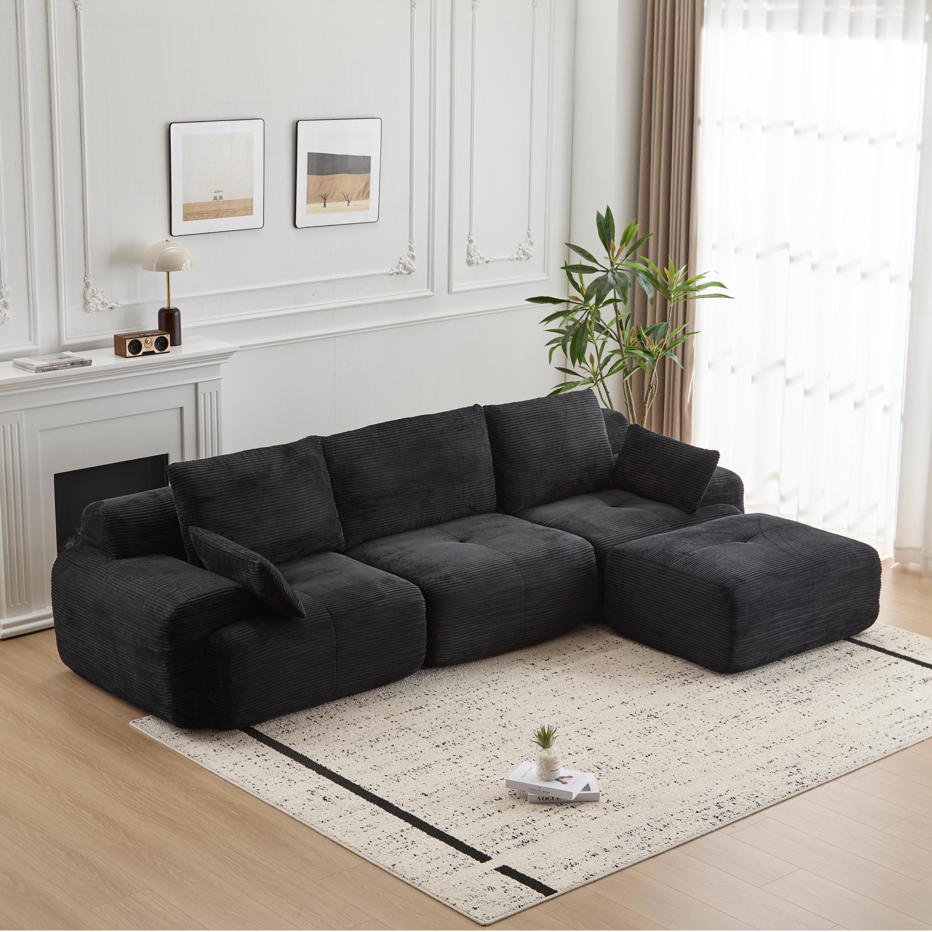 Modern Memory Foam Compressed Sofa,Large Sectional Couches for Living Room,Pet-Friendly Cloud Modular Sectional Sofa,Corduroy Fabric,Extra Deep Loveseat,No assembly required, Black