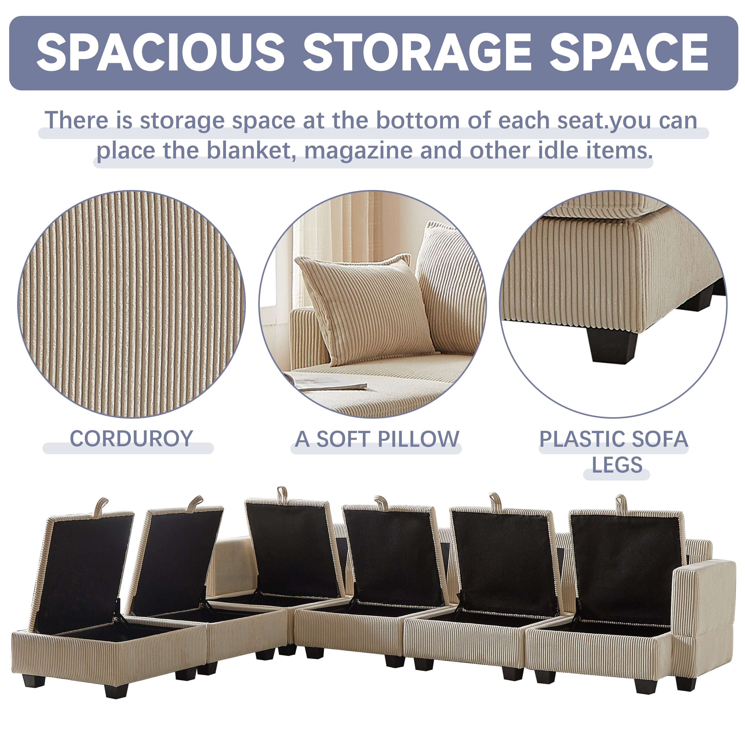 113.5'' Modular Sectiona Corduroy Sofa, Sectional Couches for Living Room U Shaped Sectional Couch with Storage Ottoman, 6 Seats Convertible Sectionals with Chaise