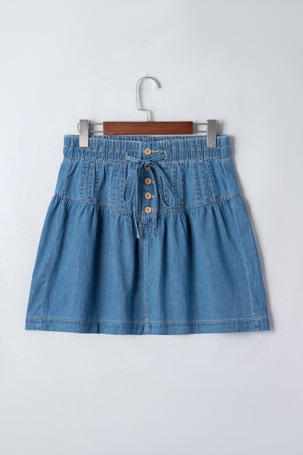 Denim Half Button Pleated Drawstring Mini Skirt
