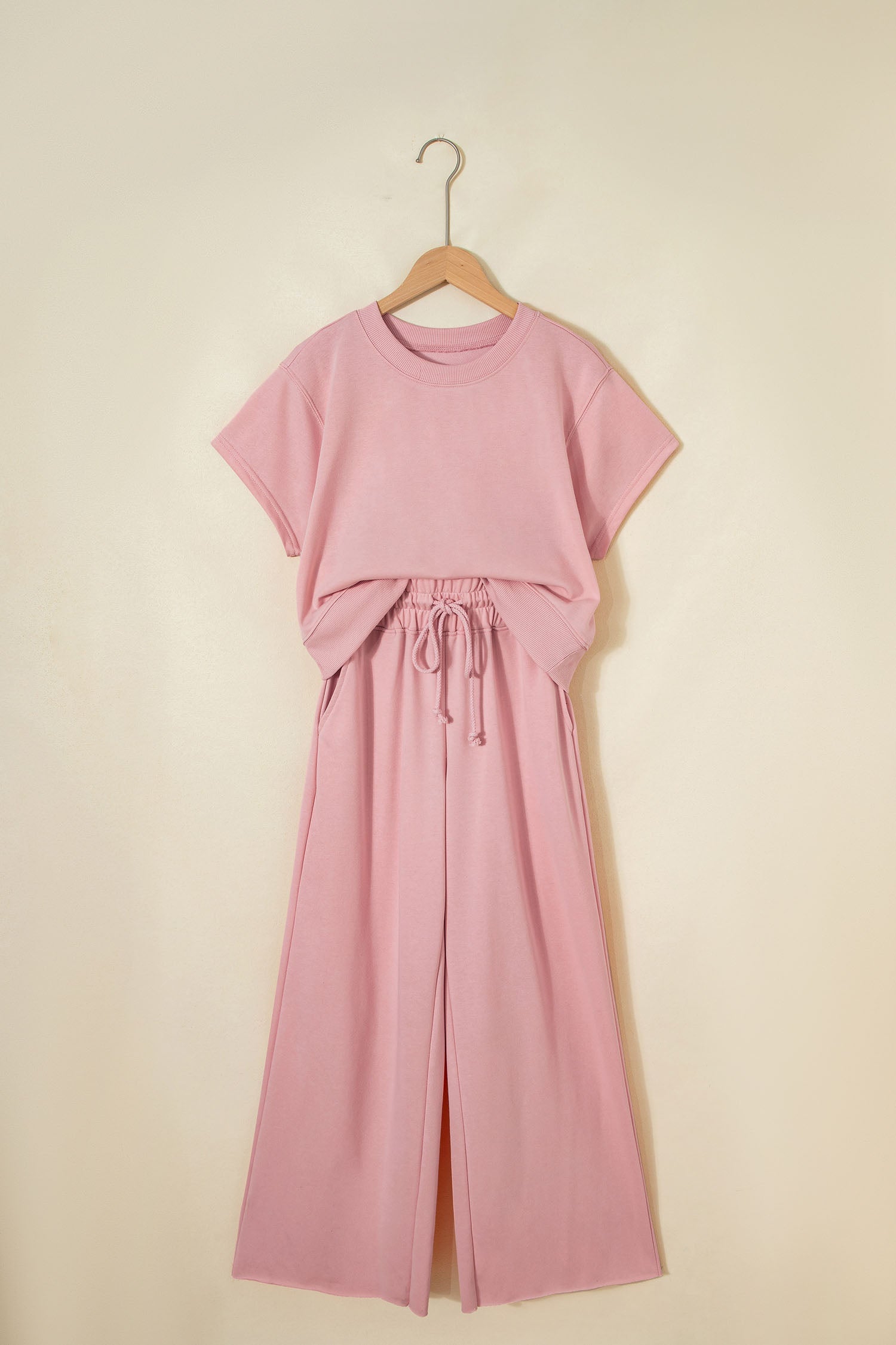 Solid Tee & Wide Leg Raw Hem Pants Set
