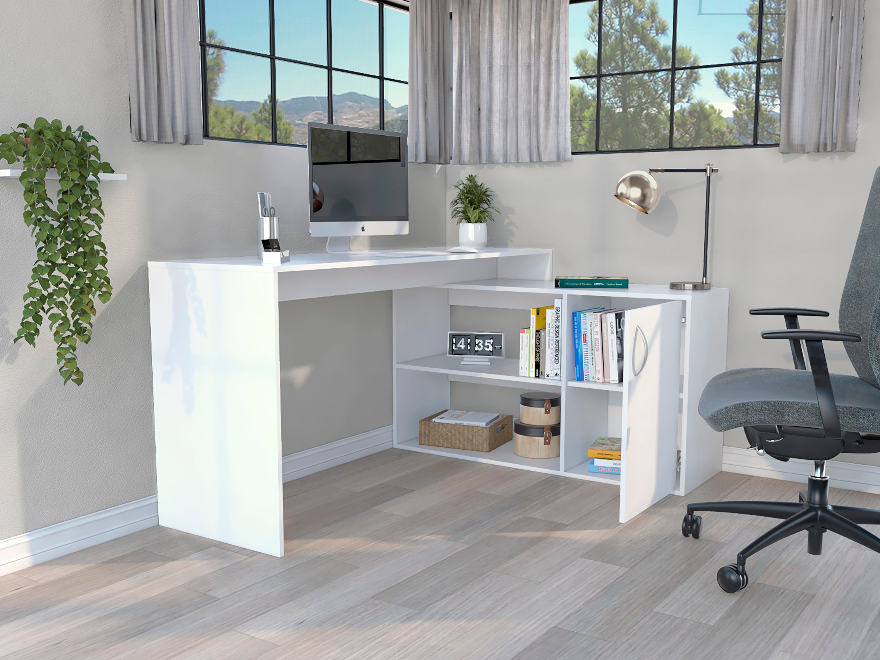Axis Modern L-Shaped Computer Desk with Open & Closed Storage -White