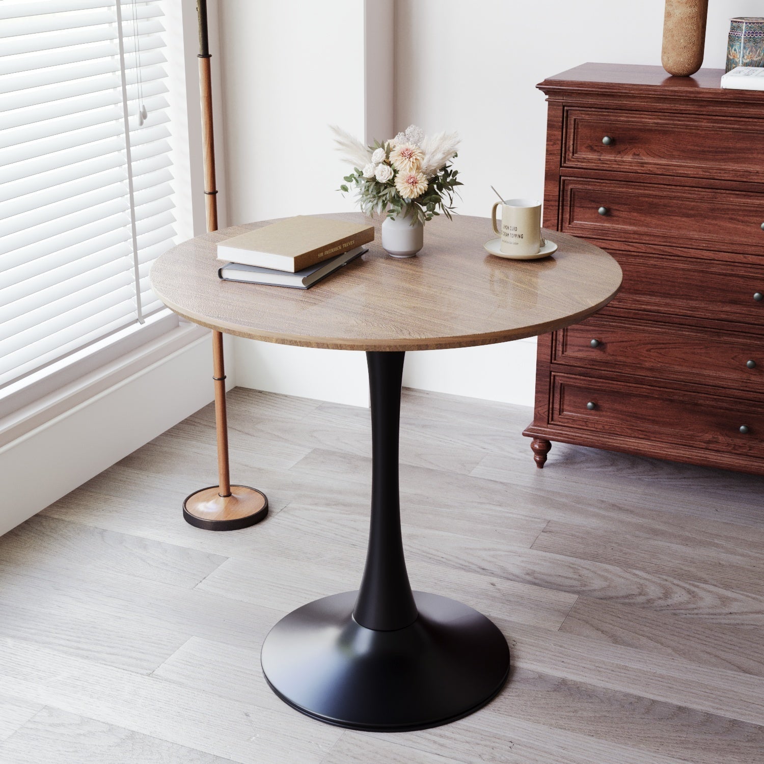 Mid-Century Round Dining Table, Walnut Color, MDF Table Top & Pedestal Base, 31.5 Inches