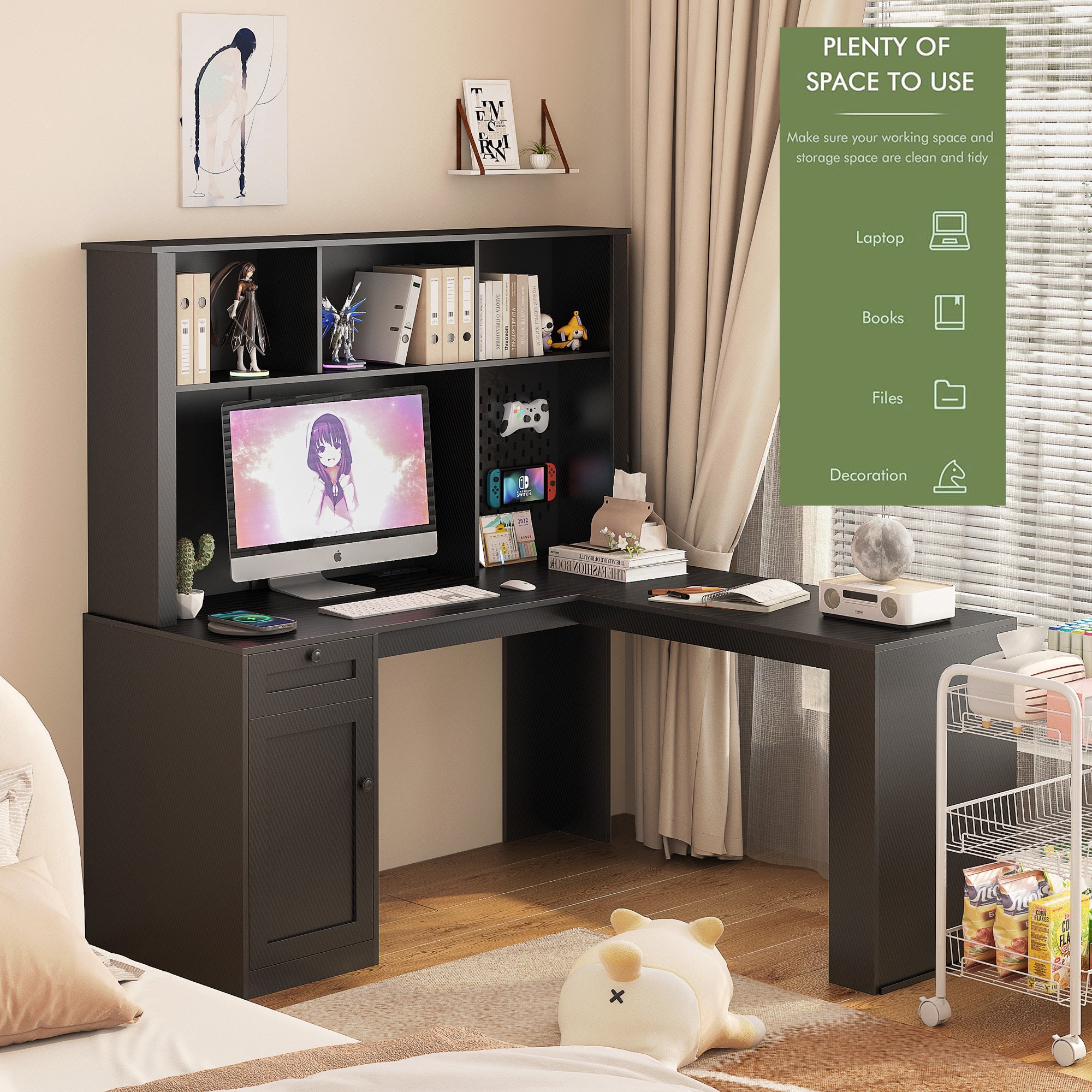 L Shaped Desk with Charger,Computer Desk with Drawers,Bookshelf,Modern Corner Desk,Home Office Desk,L-Shaped Study Table Writing Desk,Carbon fiber Gaming Computer Desk with Storage,Black