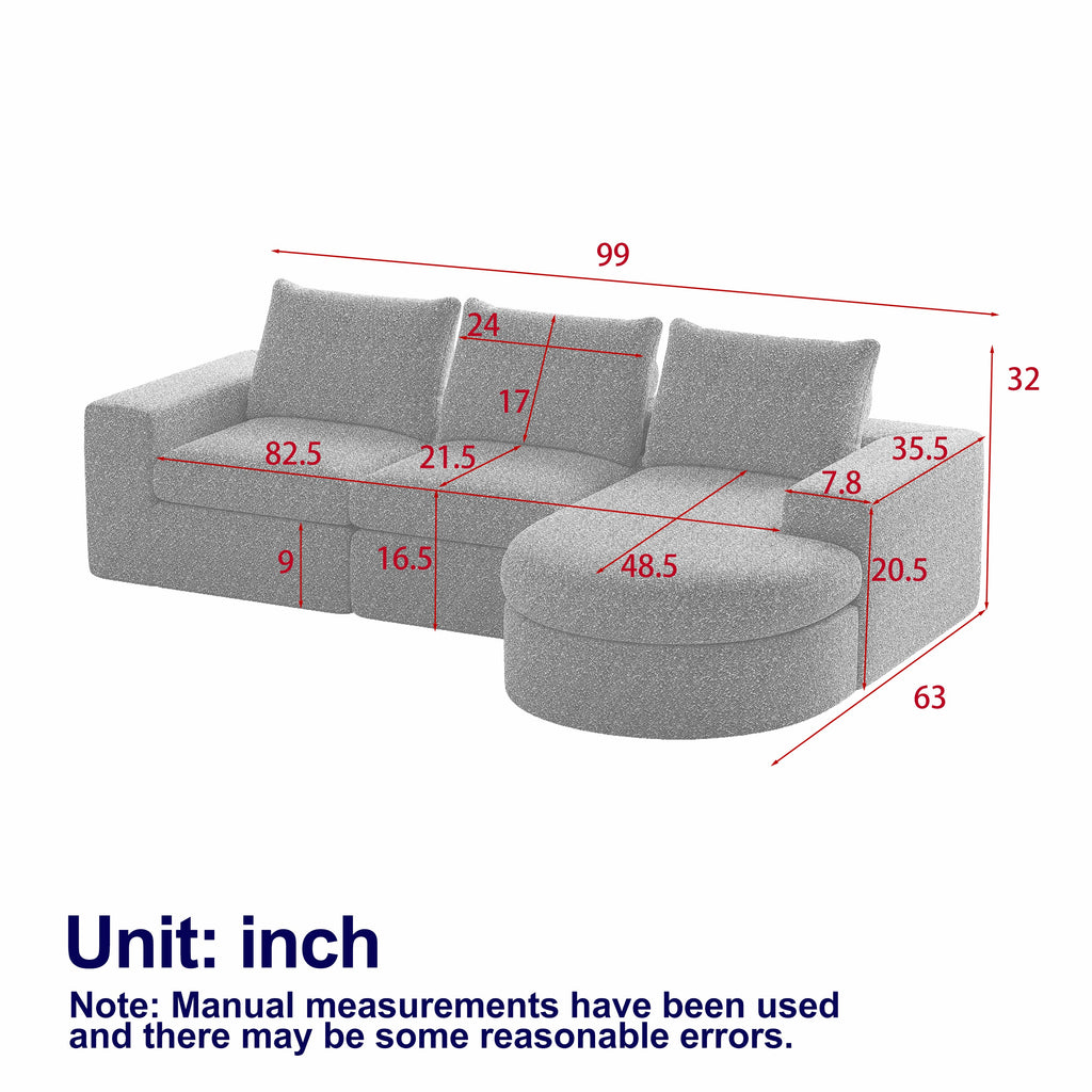 99-Inch Chenille Cloud Curved Sectional Sofa with Chaise, L-Shaped Modern Boneless Couch with Deep Seats, Chenille Sectional Sofa for Living Room and Bedroom, No Assembly Required