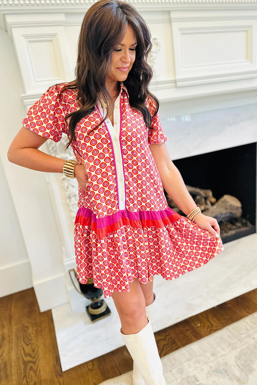 Floral Geometric Colorblock Ruffle Hem Dress