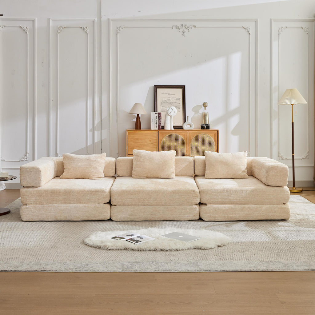 Compression Sofa,Convertible Floor Sofa Bed with Fixed-Shape Frame, Boneless Modular Sectional Sofa,No Assembly Required,Chenille fabric,for Living Room Bedroom,Beige