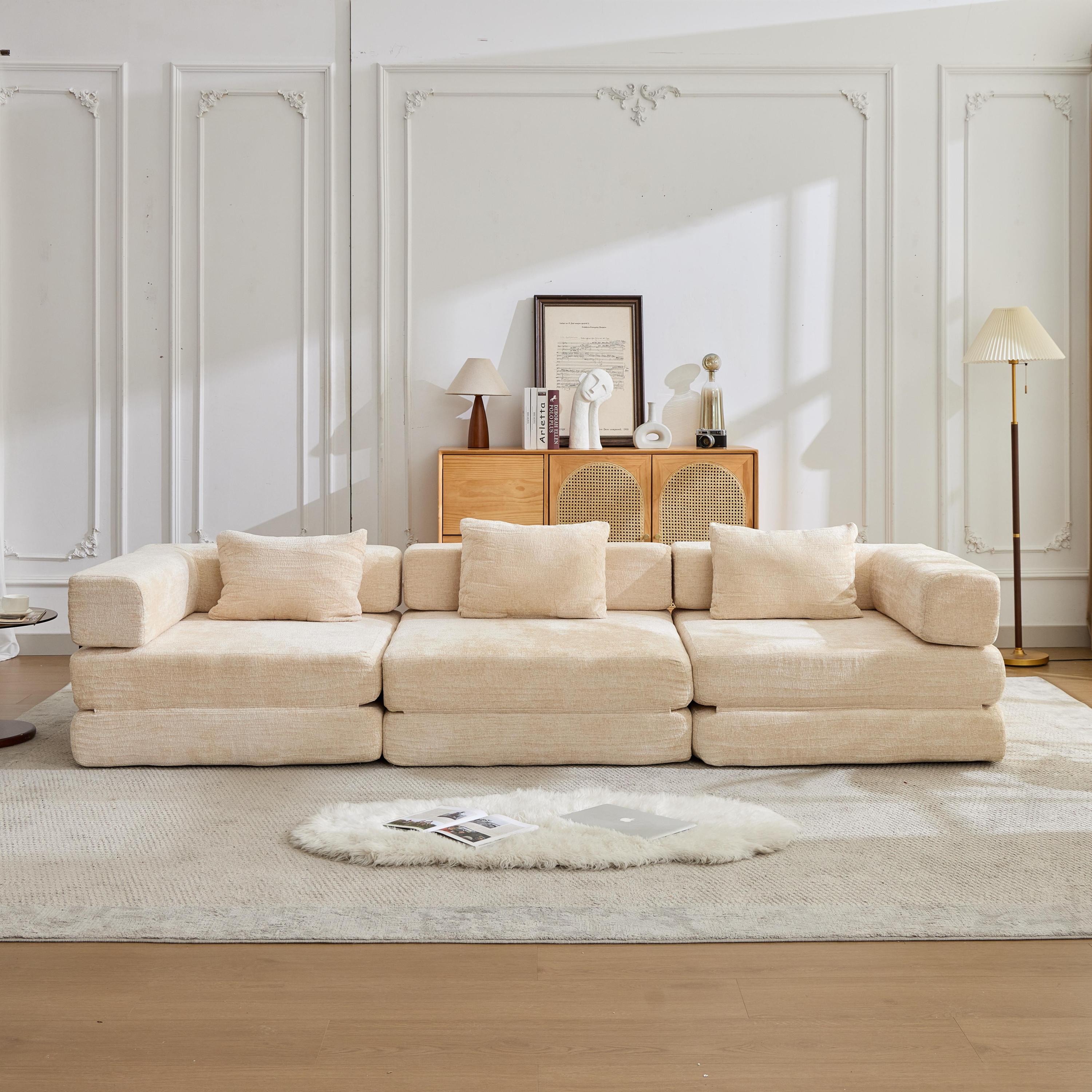 Compression Sofa,Convertible Floor Sofa Bed with Fixed-Shape Frame, Boneless Modular Sectional Sofa,No Assembly Required,Chenille fabric,for Living Room Bedroom,Beige