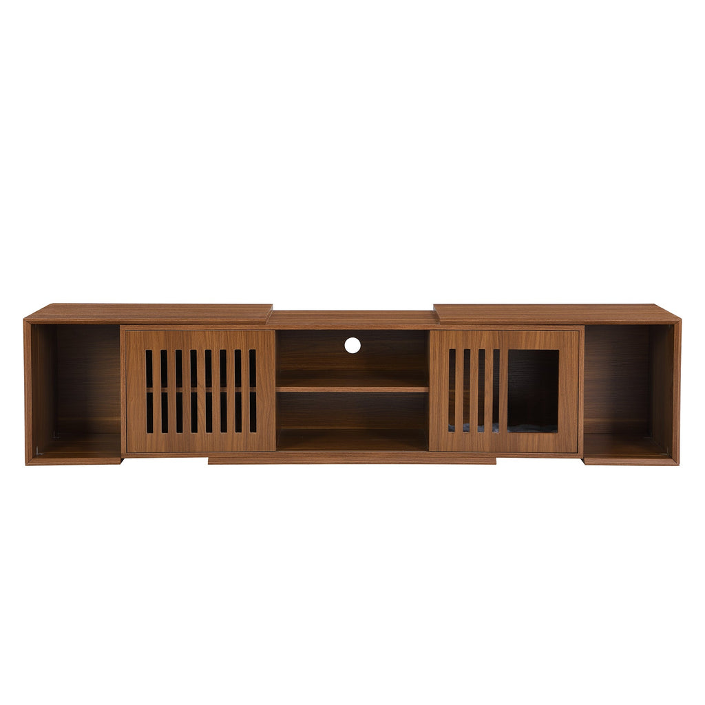 Mid-Century Modern 2 in 1 Cat Furniture, Cat House Litter Box Enclosure Walnut TV Stand With Extendable table, Sliding door. Wood TV Cabinet with Storage