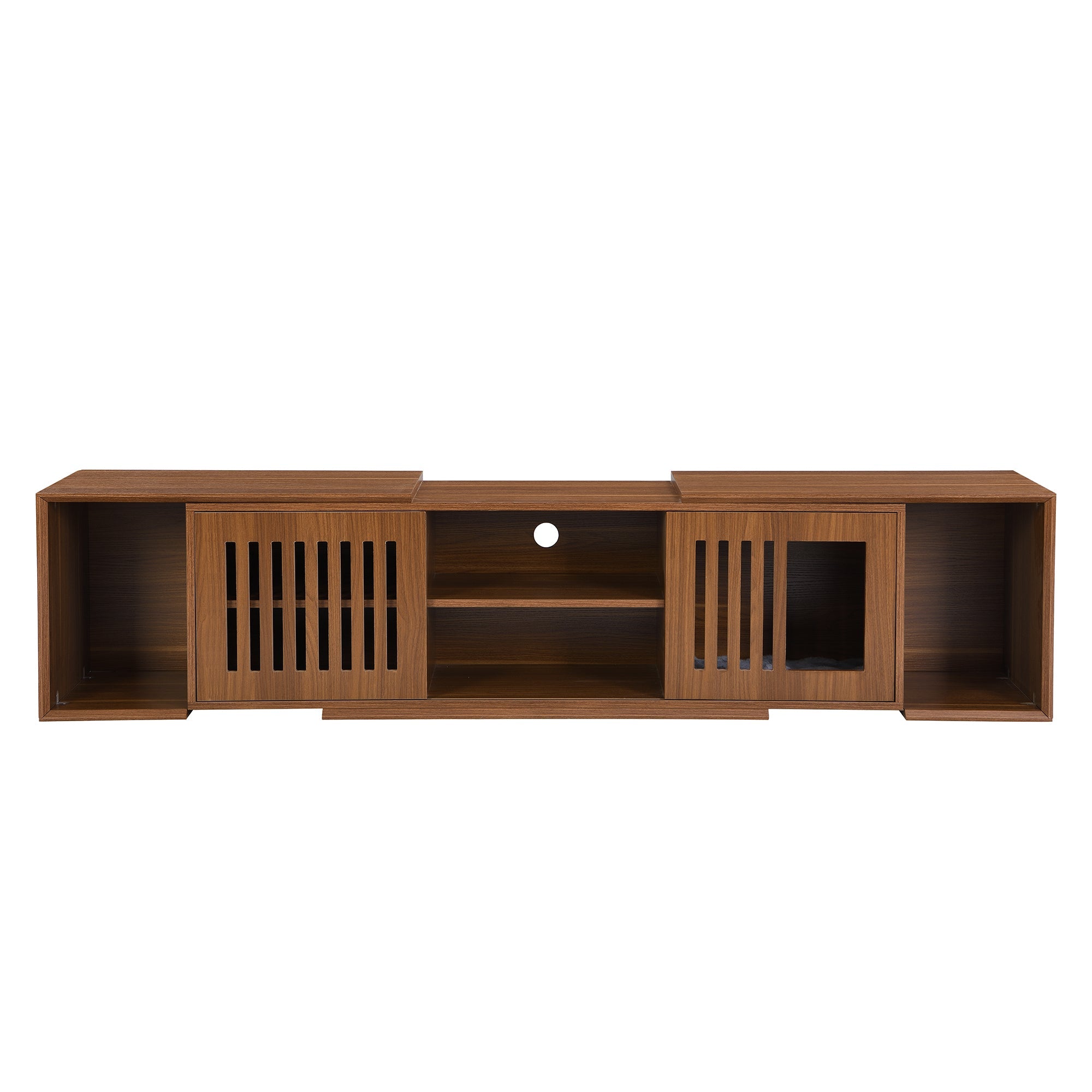 Mid-Century Modern 2 in 1 Cat Furniture, Cat House Litter Box Enclosure Walnut TV Stand With Extendable table, Sliding door. Wood TV Cabinet with Storage