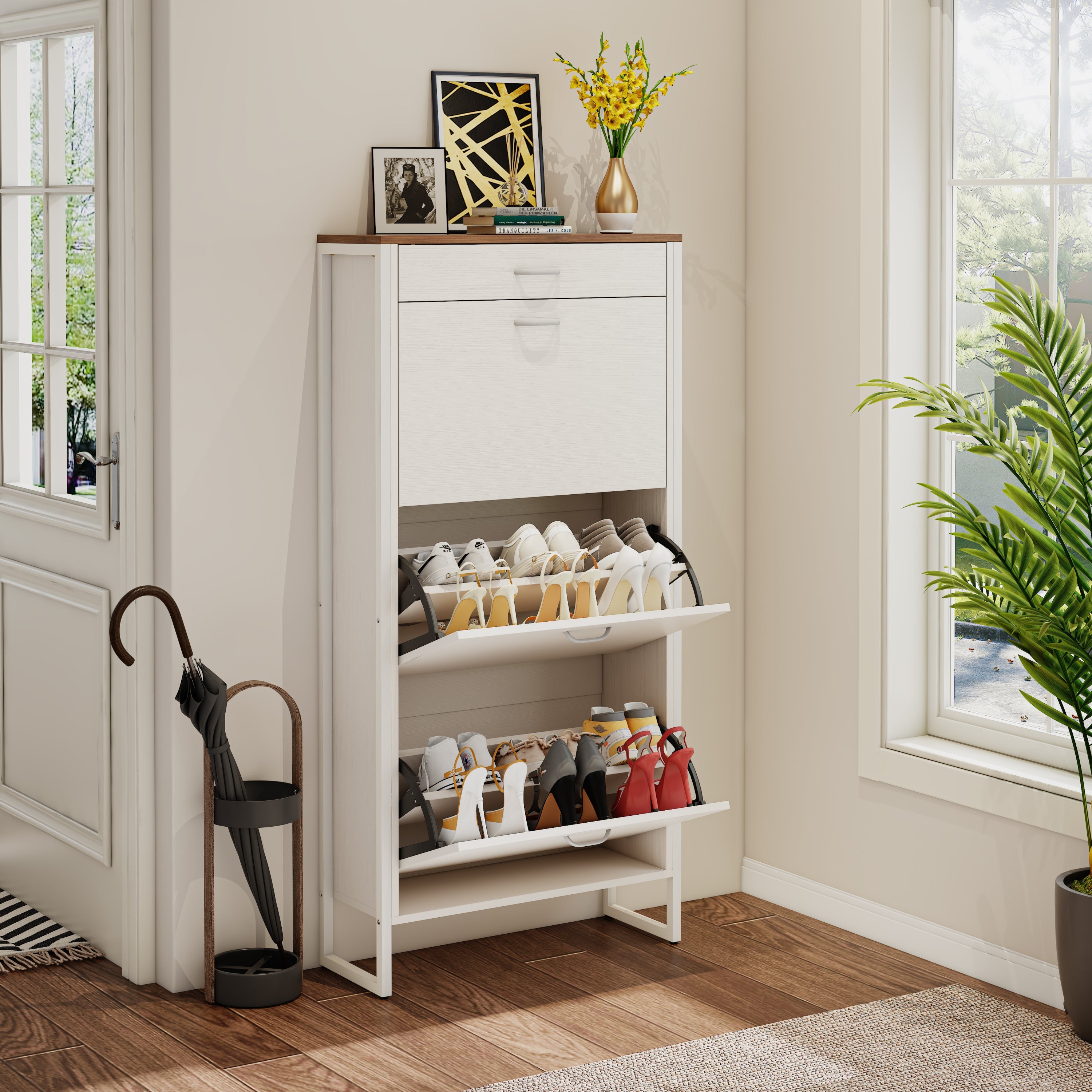 Shoe Storage Cabinet with 3 Flip Drawers&1 Drawer, Slim Freestanding Storage Racks for Entryway, Hallway, Hidden Narrow Shoe Organizers Perfect for Heels, Boots, Slippers, white/Walnut