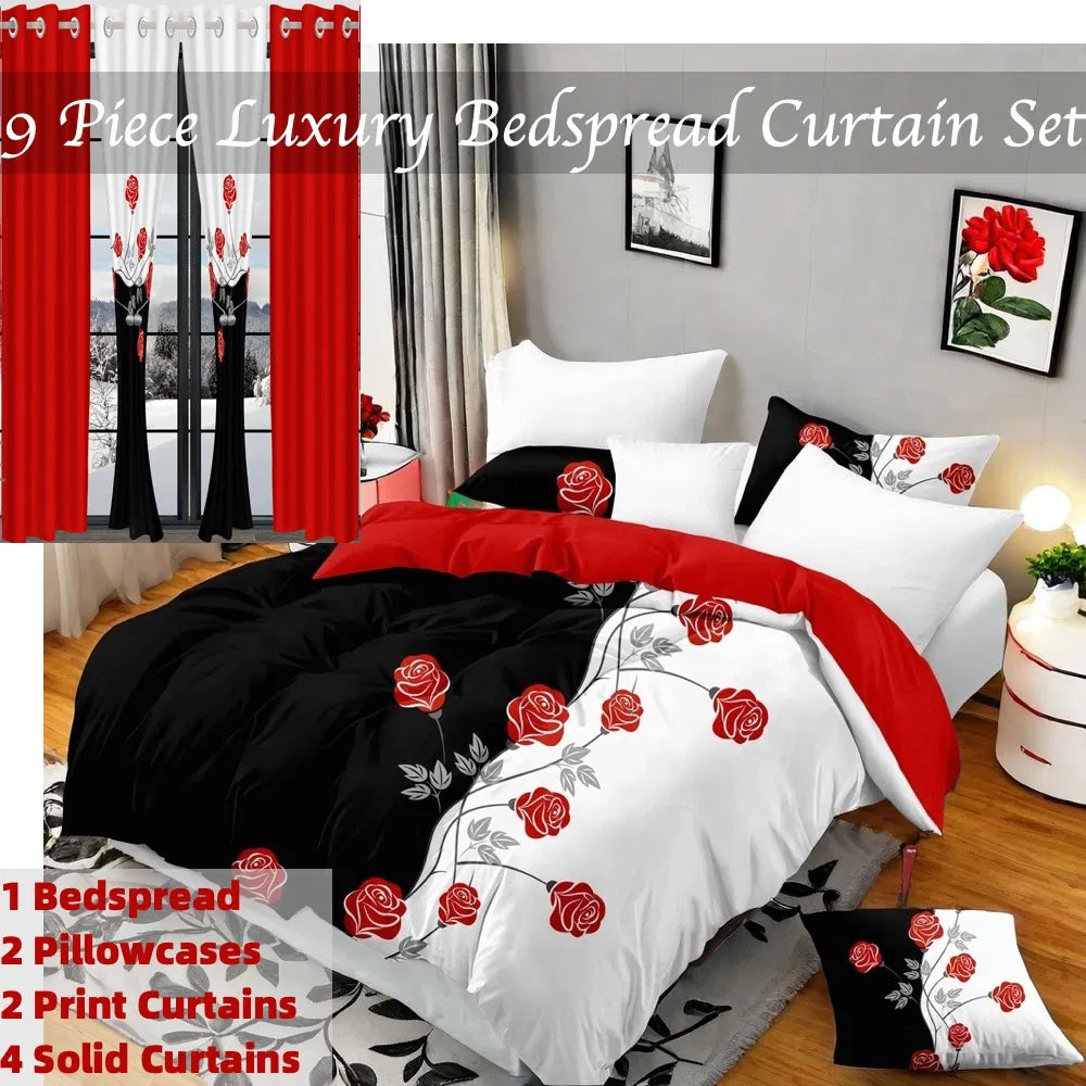 9-Piece Red Rose Bedding & Curtain Set - Quilted Microfiber Bedspread + Sheer Curtains